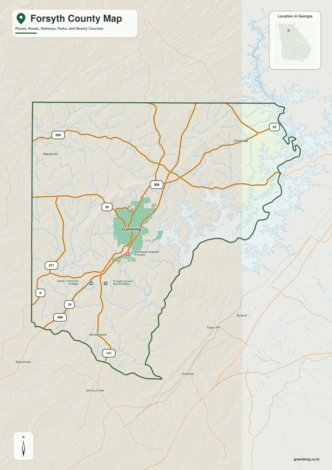 포사이스 카운티 Forsyth County 조지아 지도에 표시된 카운티 경계와 주요 지명