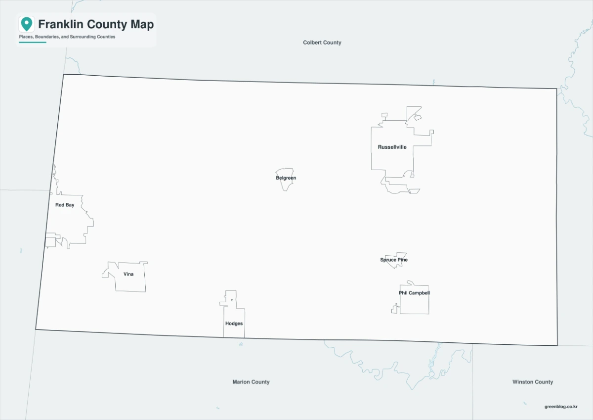 Franklin County black and white map with selected place names and boundary lines