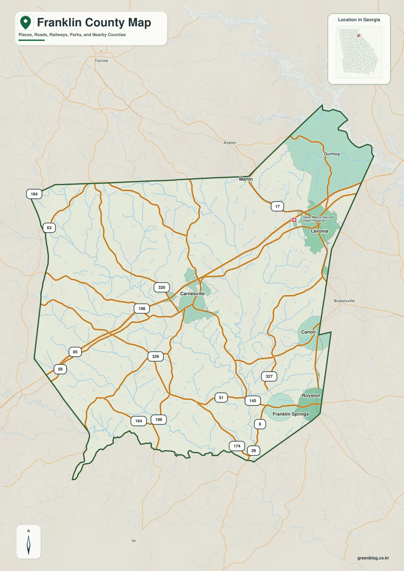 Franklin County Georgia map showing the county boundary and selected places
