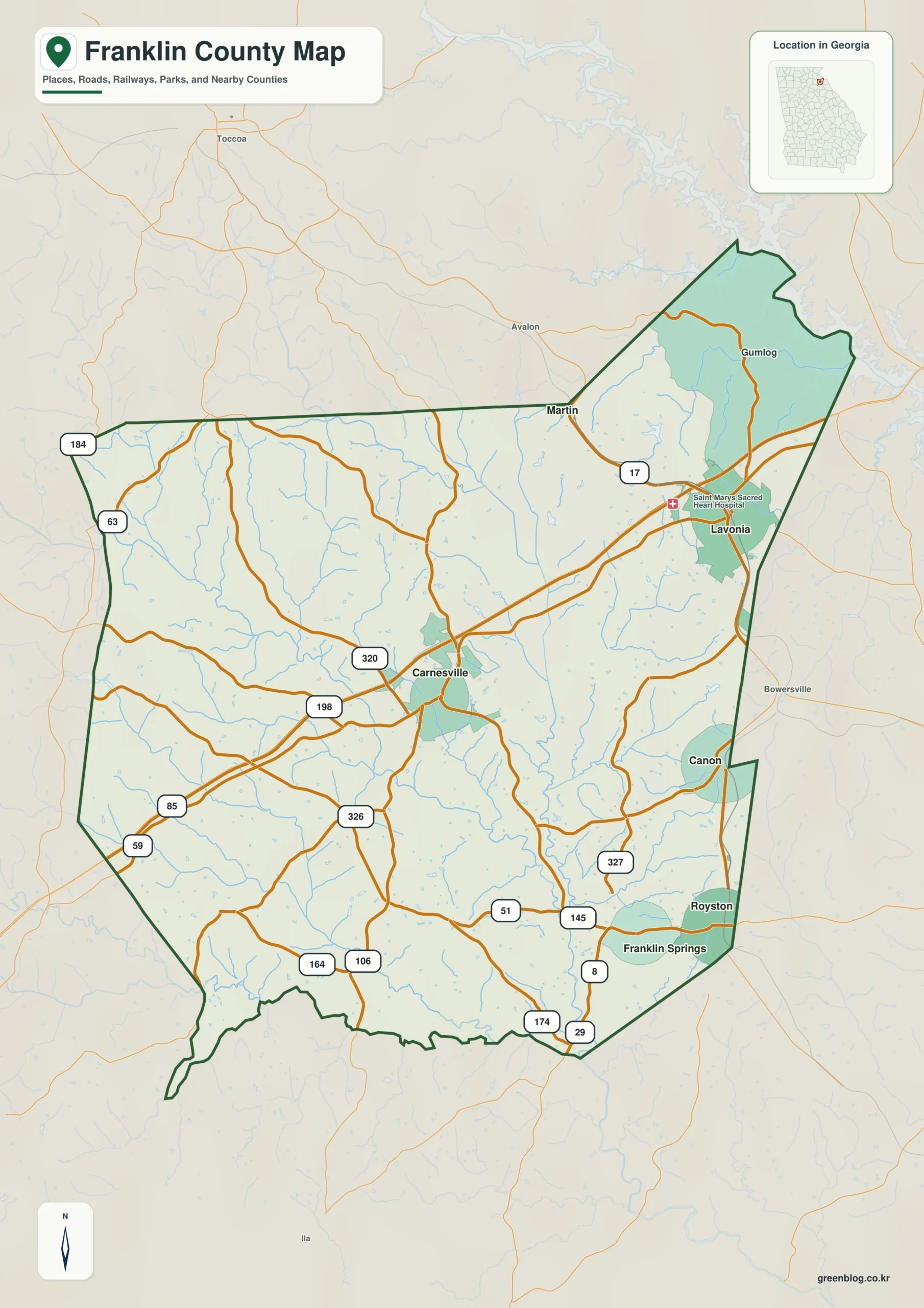 Franklin County Georgia map showing the county boundary and selected places