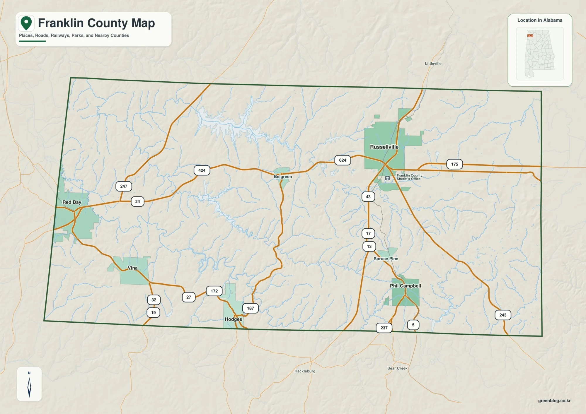 Franklin County Alabama map showing the county boundary and selected places