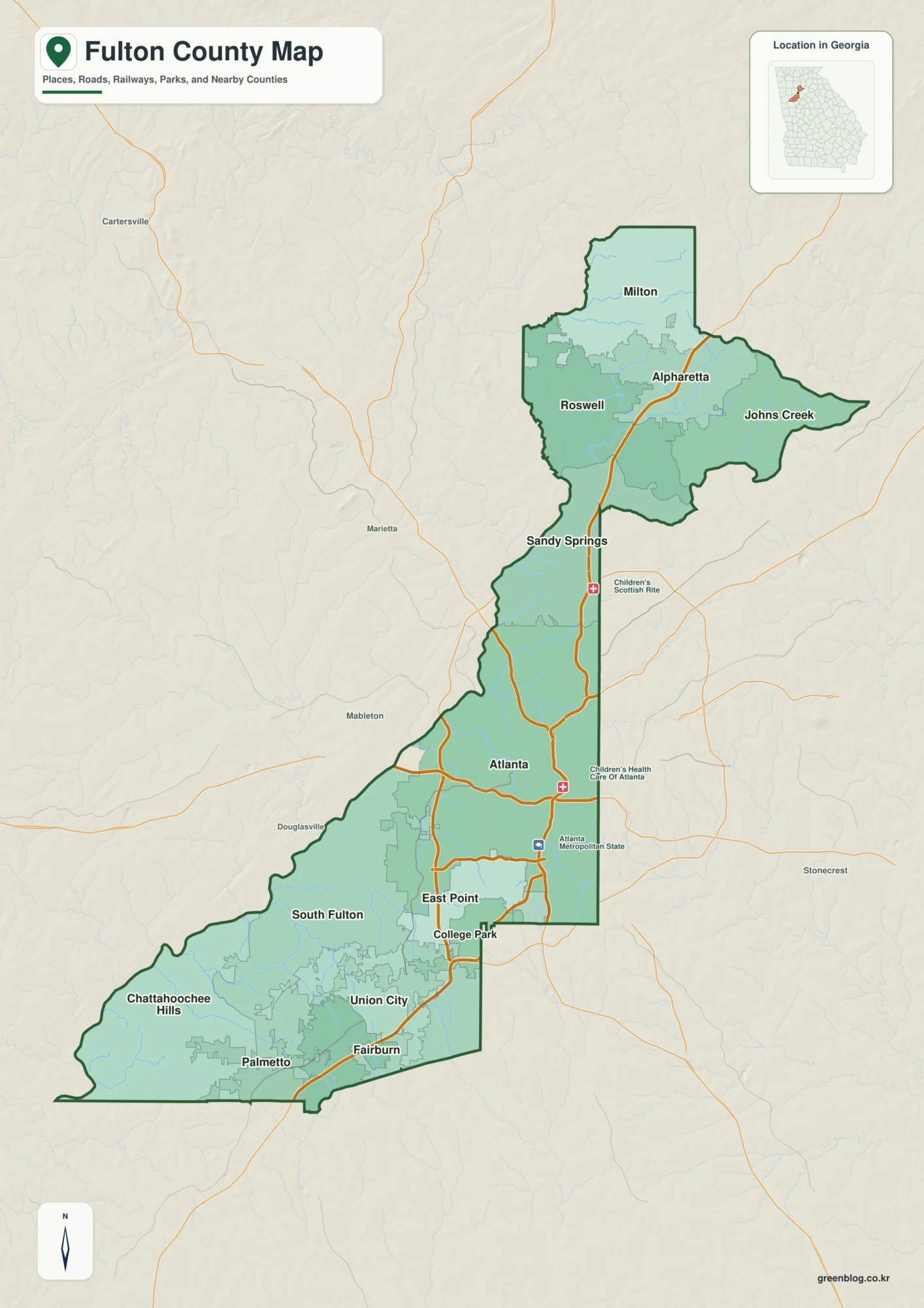 Fulton County Georgia map showing the county boundary and selected places