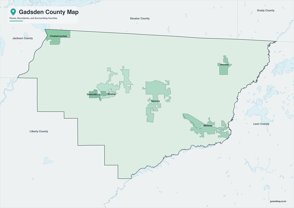 Color map of Gadsden County Florida and neighboring counties