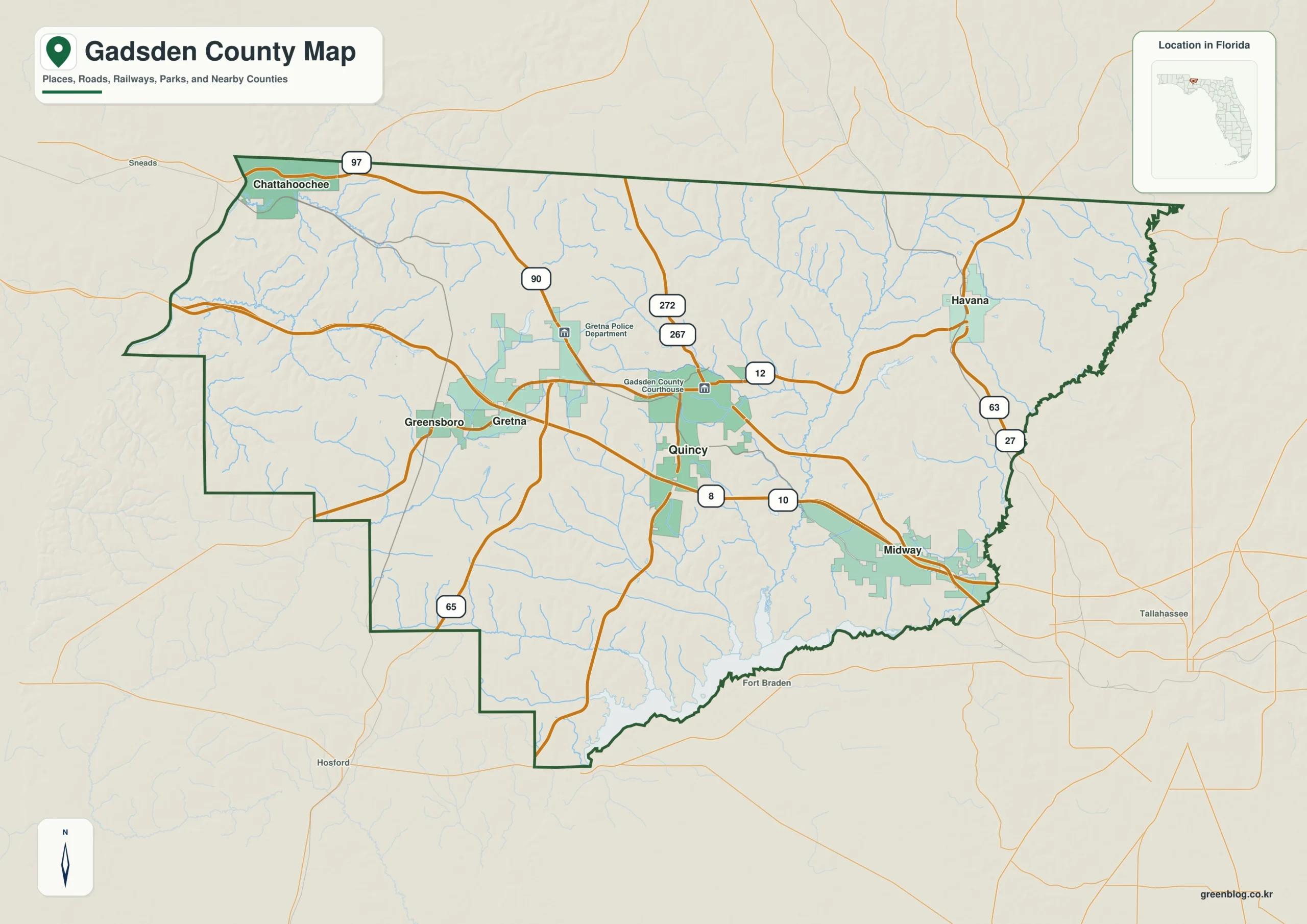 Gadsden County Florida map showing Quincy, Havana, Chattahoochee