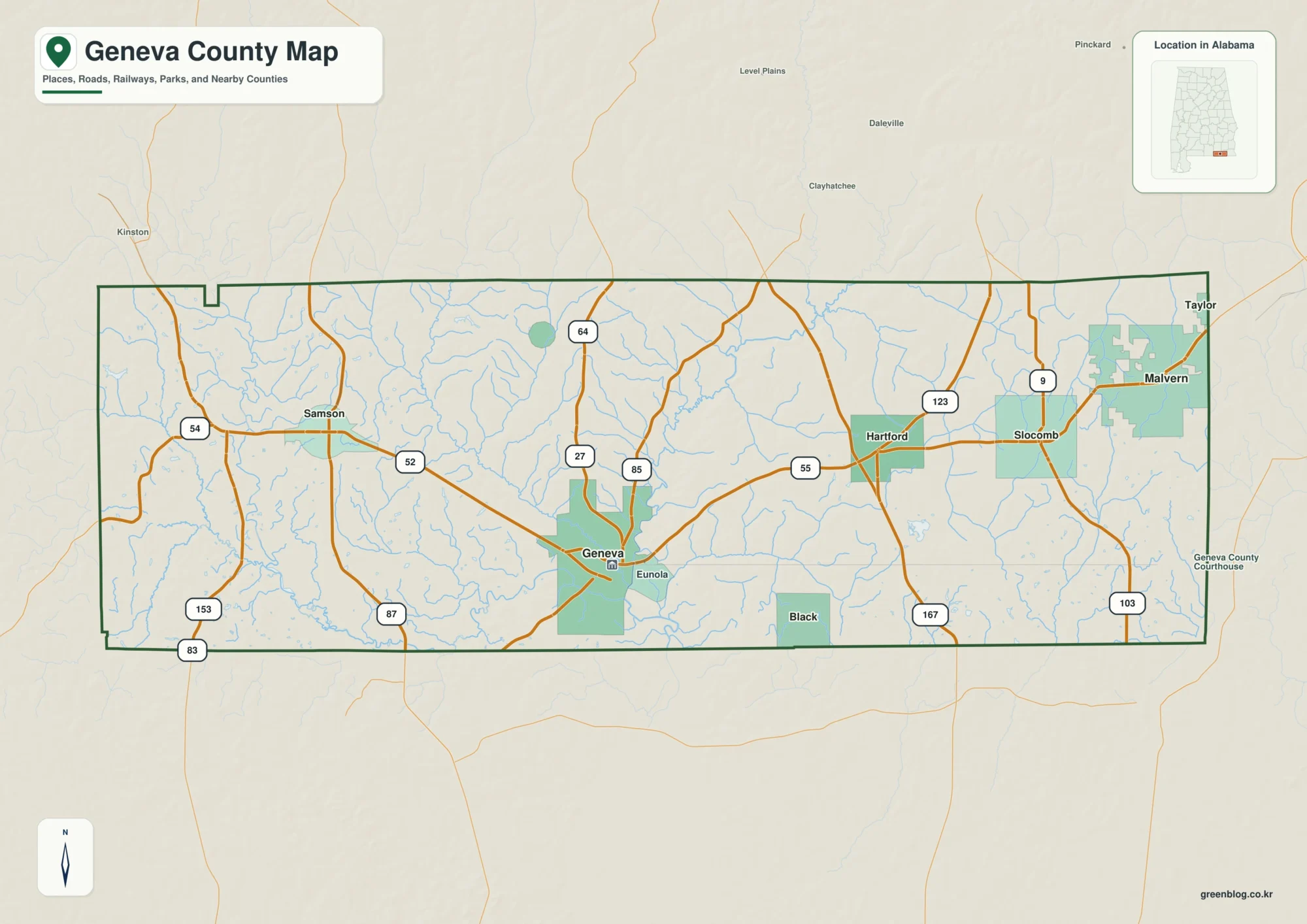 Geneva County Alabama map showing the county boundary and selected places