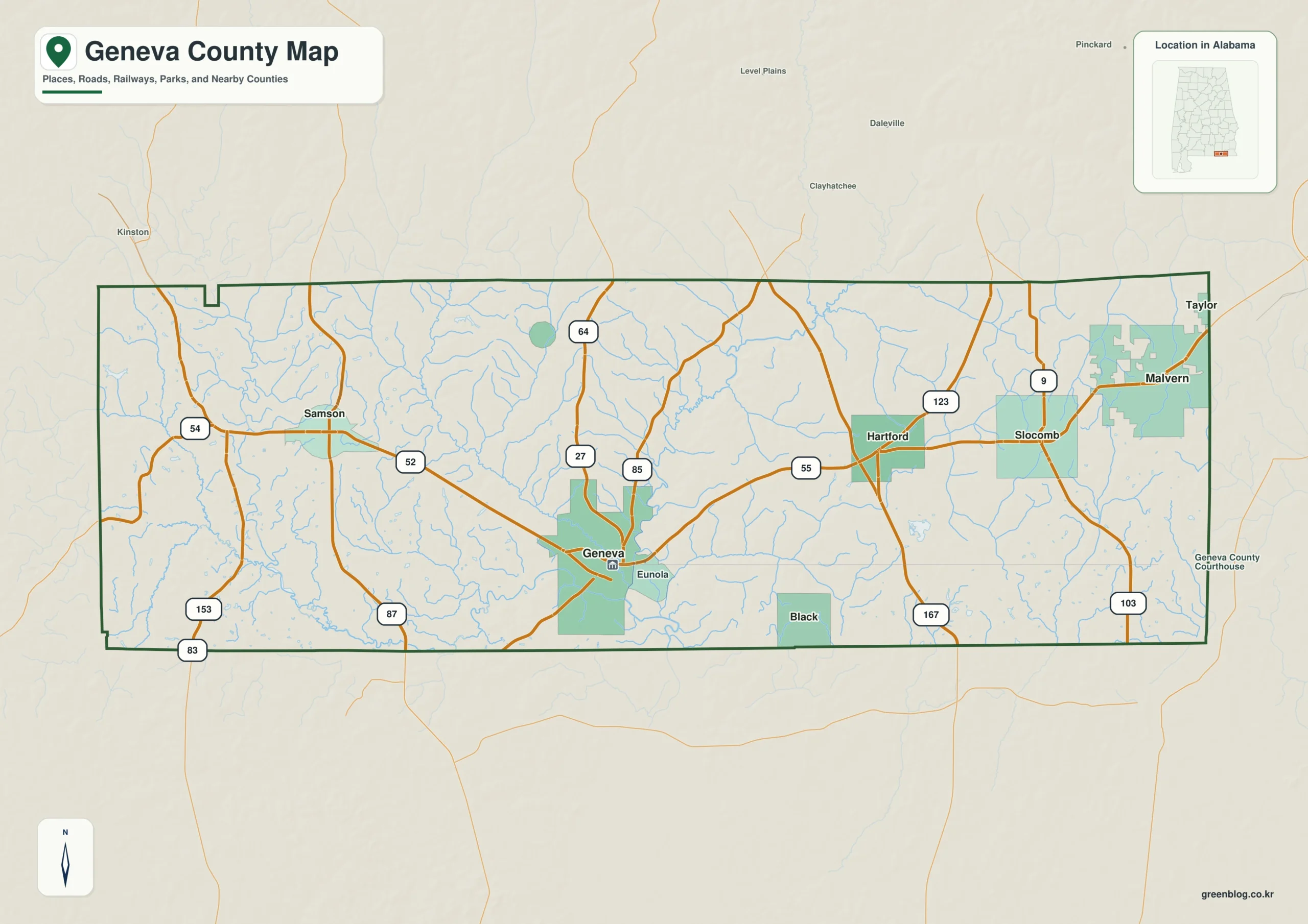 Geneva County Alabama map showing the county boundary and selected places