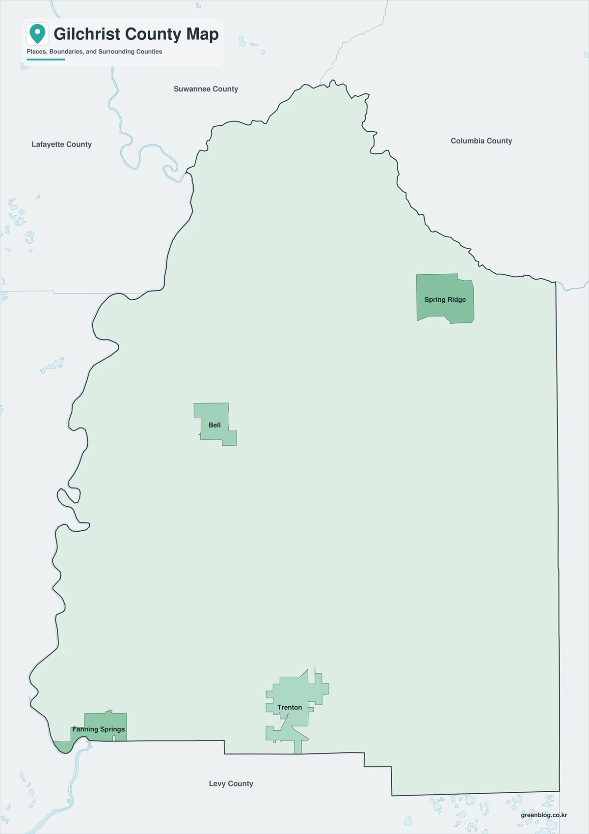 Color map of Gilchrist County Florida and neighboring counties