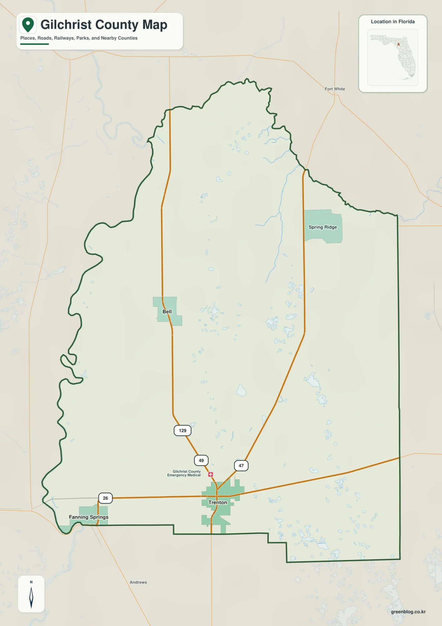 Gilchrist County Florida map showing Trenton, Bell, Fanning Springs
