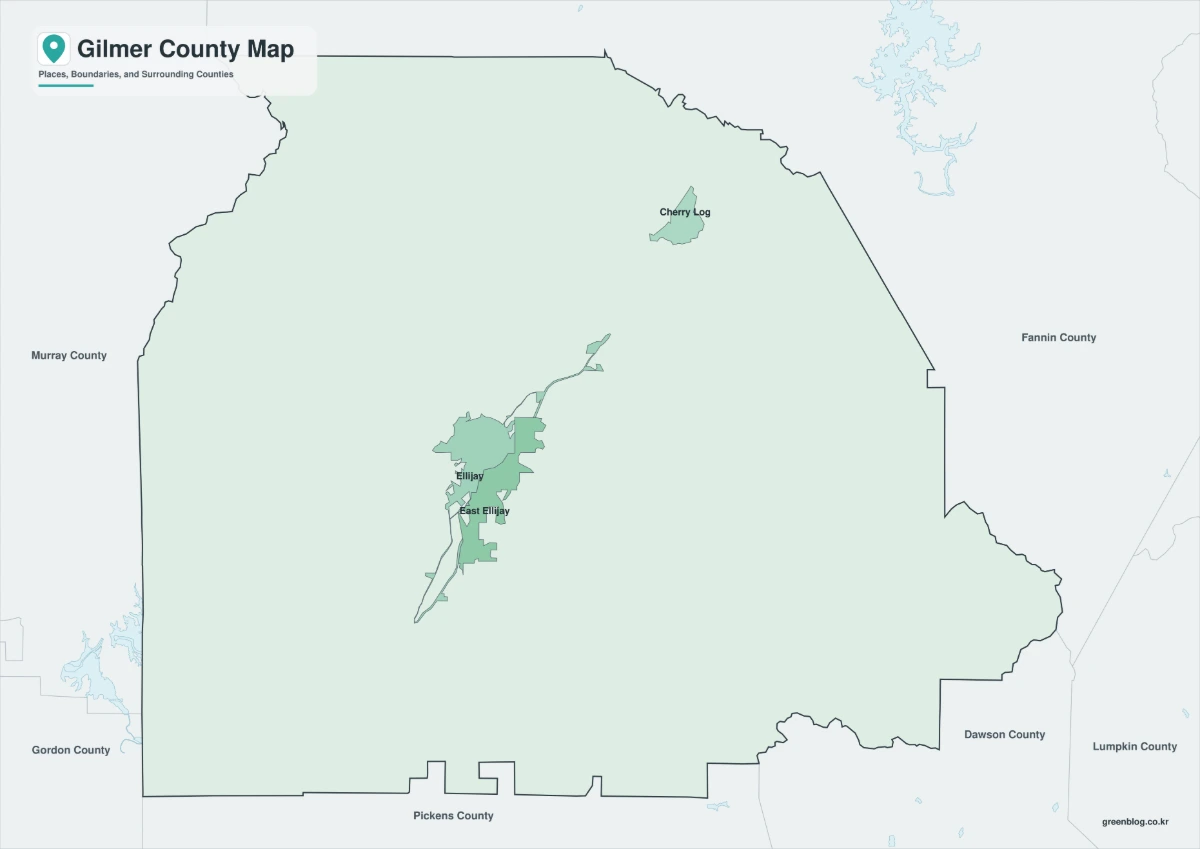 Color Gilmer County Georgia map with surrounding counties separated
