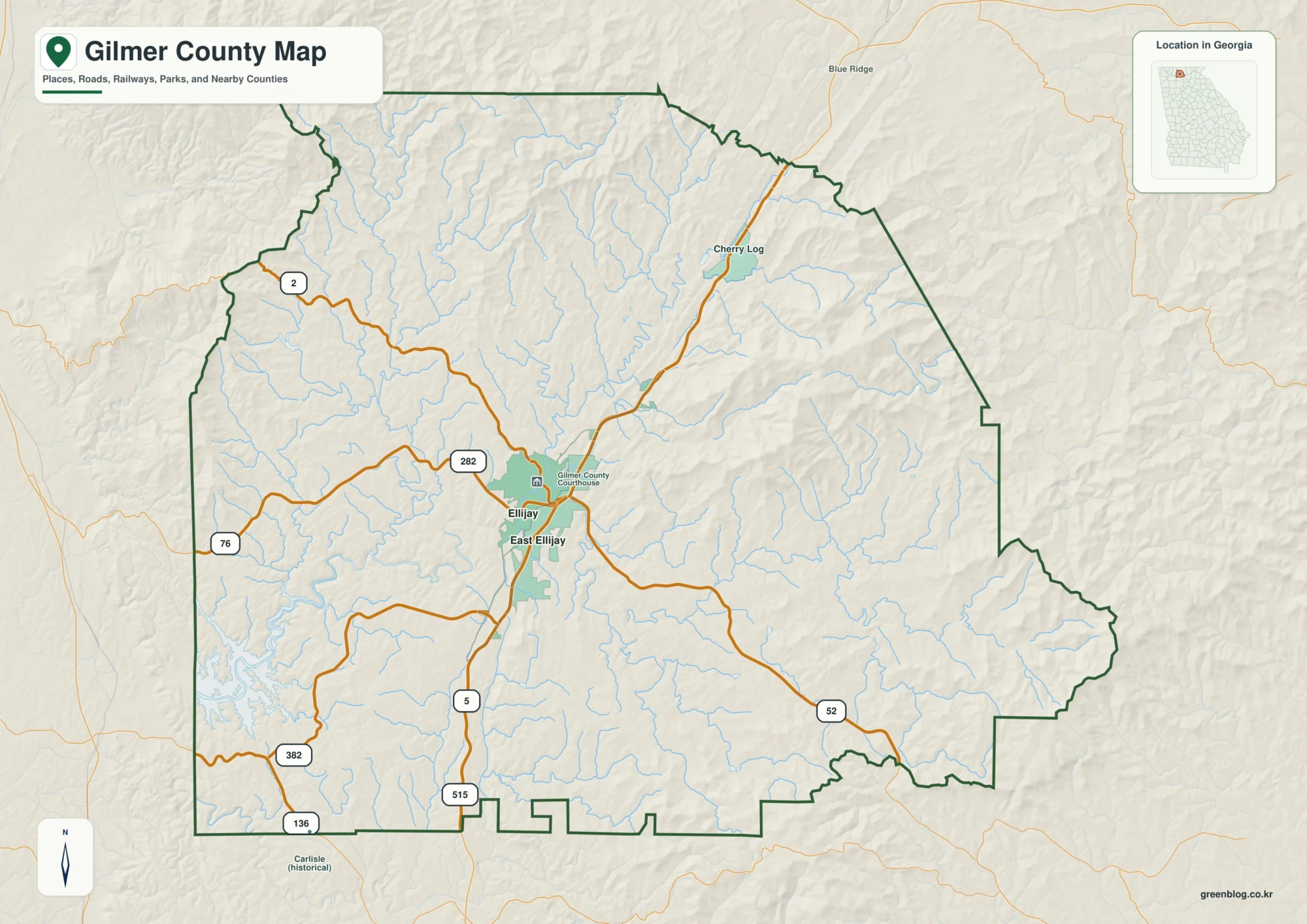 Gilmer County Georgia map showing the county boundary and selected places