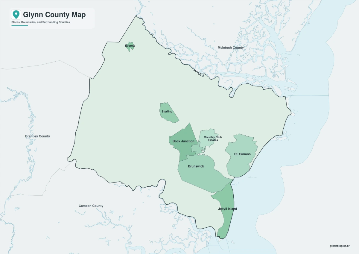 Glynn County Georgia map preview with color, black and white, and outline versions