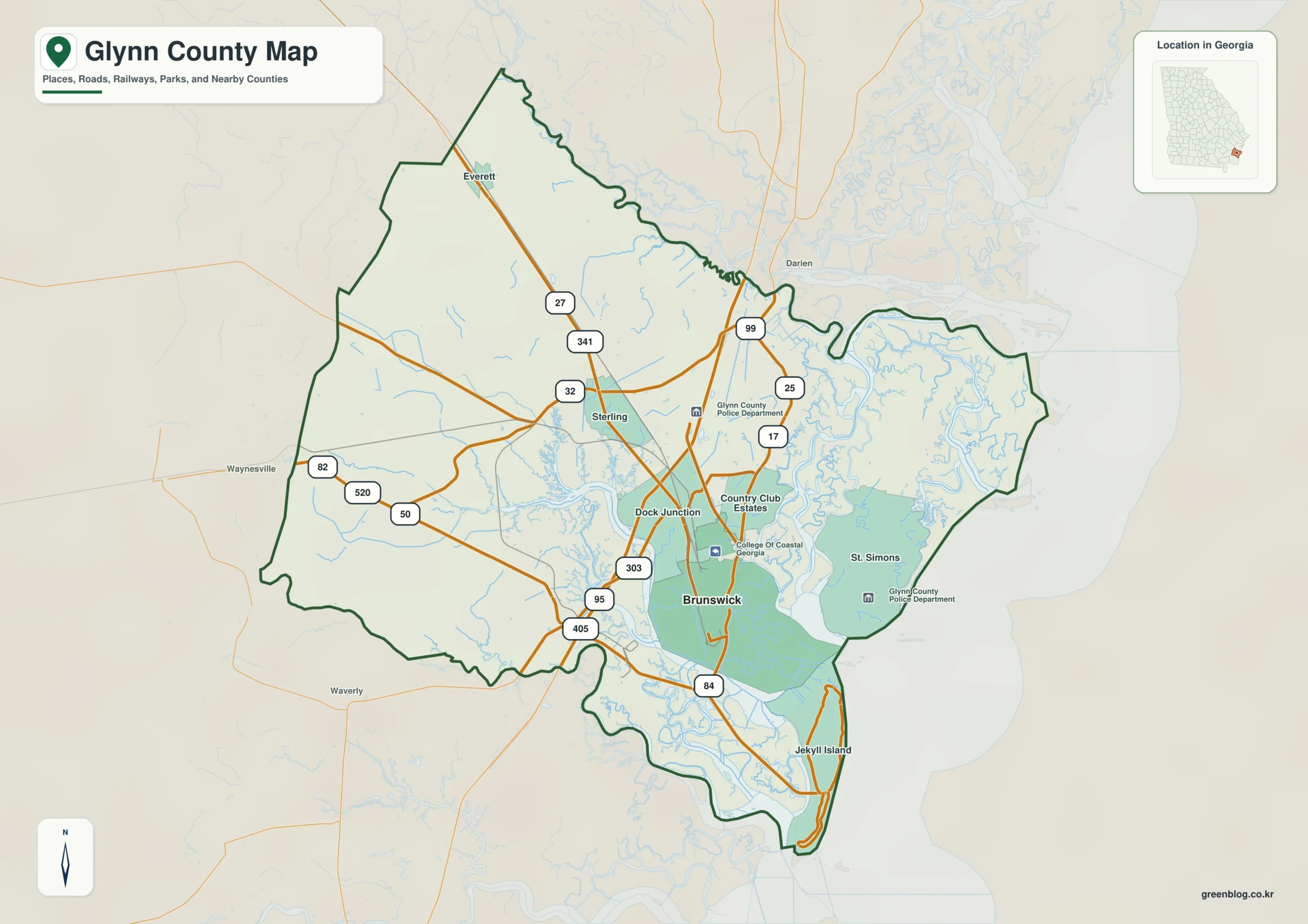 Glynn County Georgia map showing the county boundary and selected places