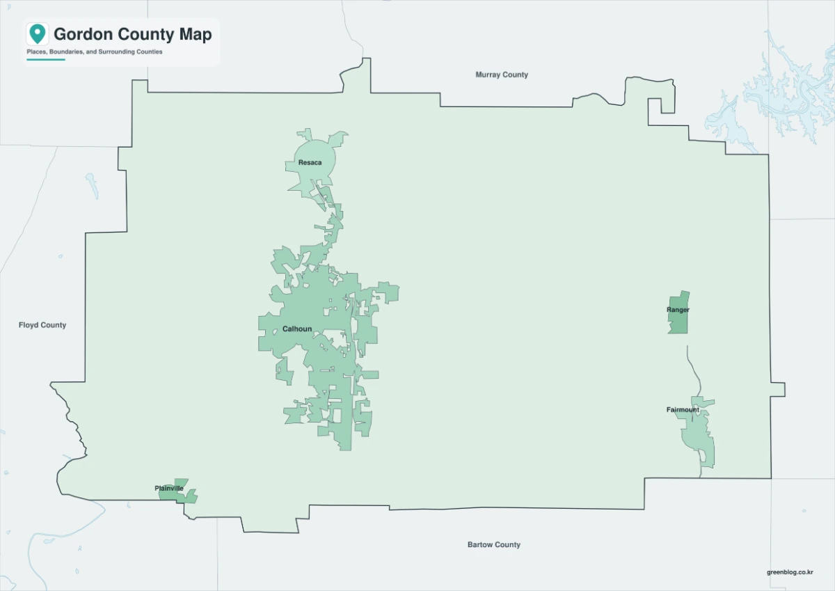 Color Gordon County Georgia map with surrounding counties separated
