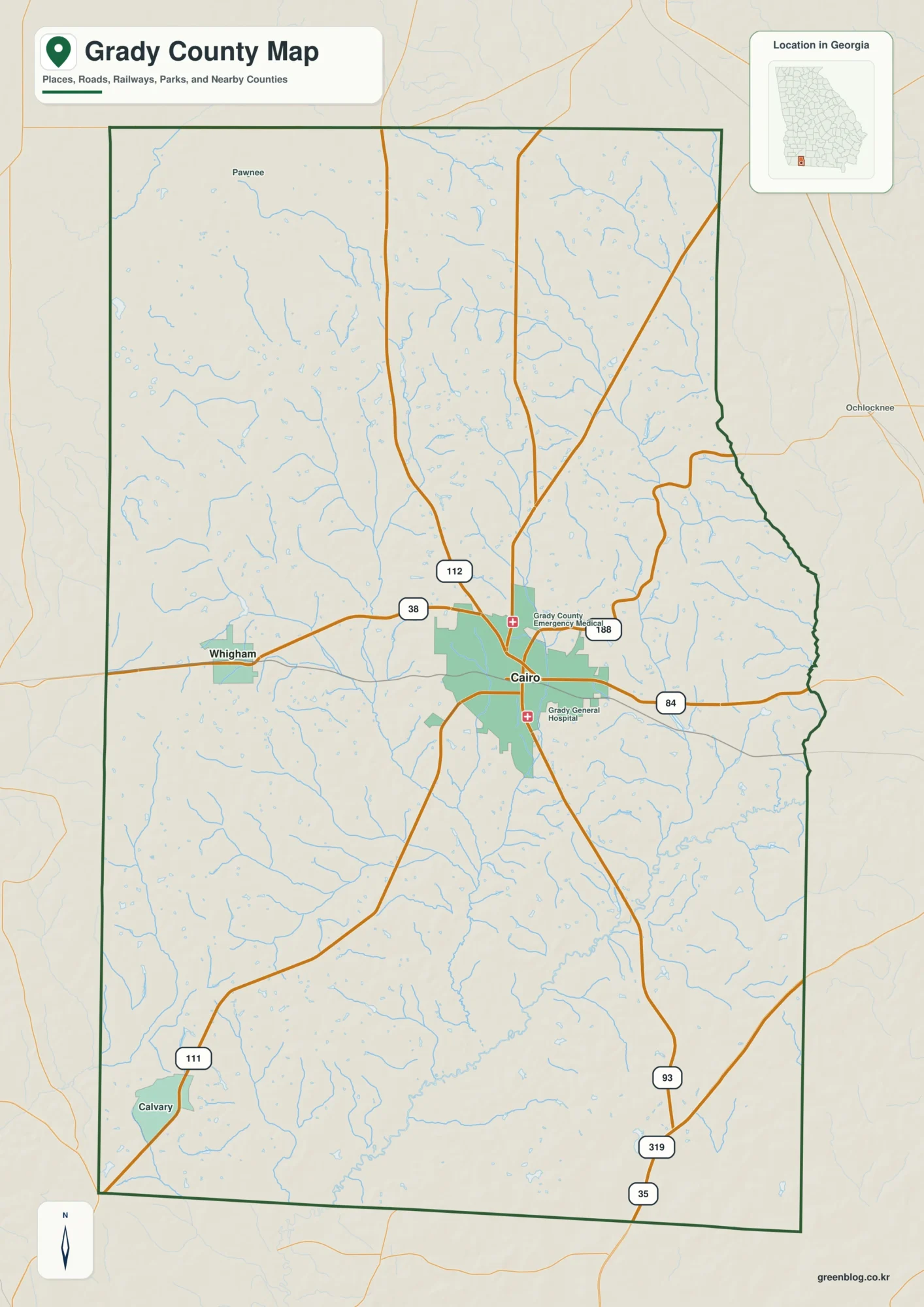 Grady County Georgia map showing the county boundary and selected places