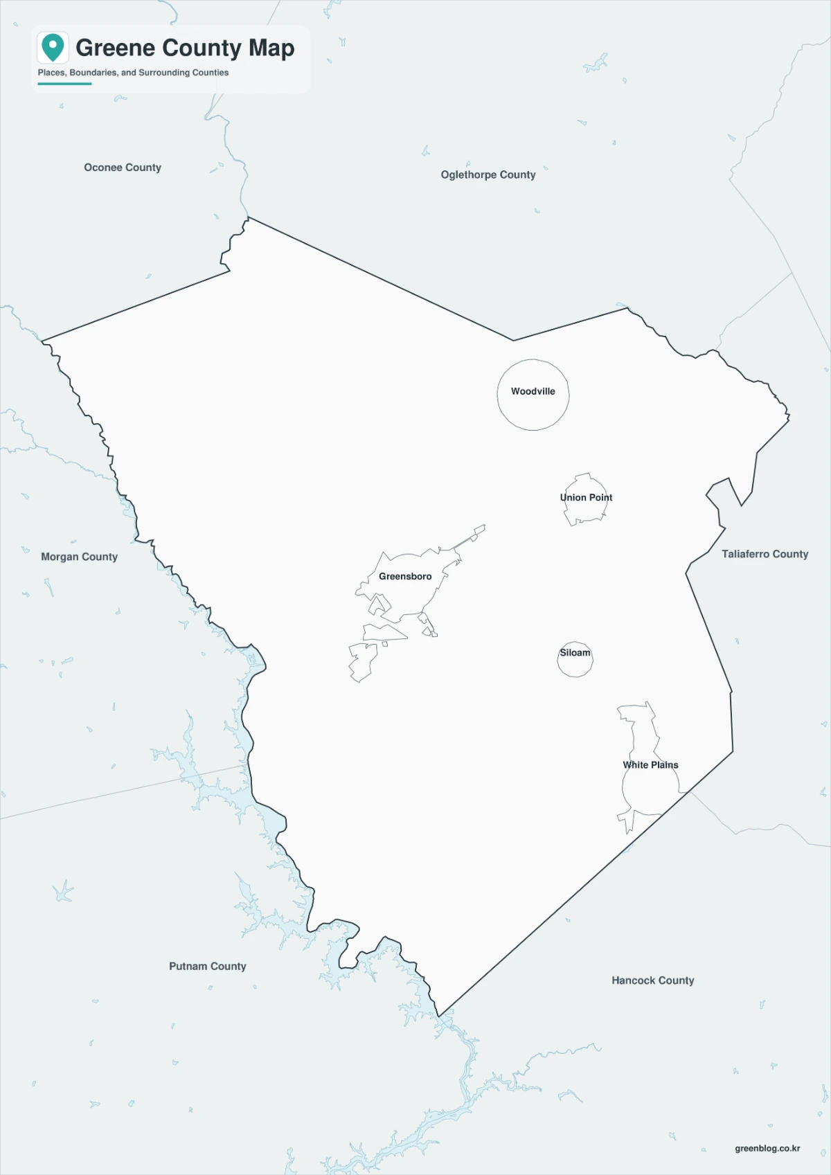 Black and white Greene County map with selected labels and boundaries