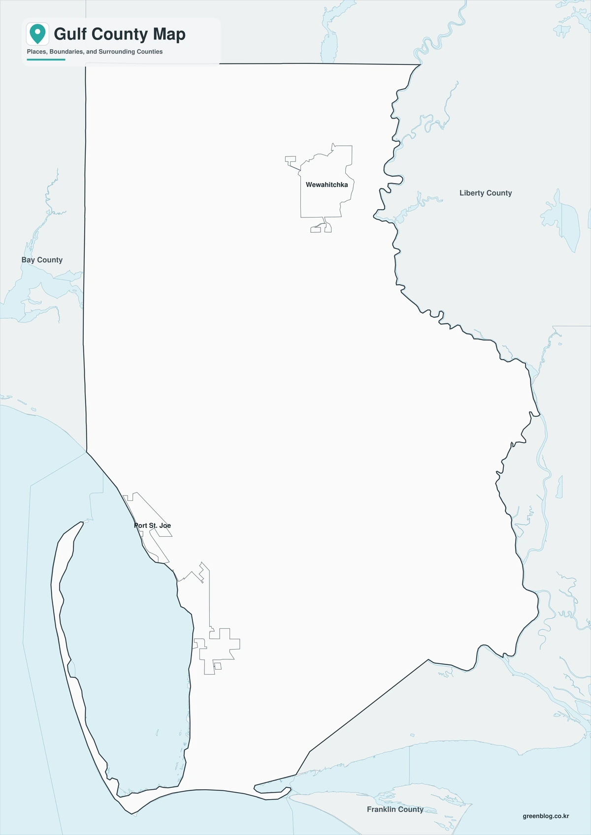 Black-and-white Gulf County map with selected place labels