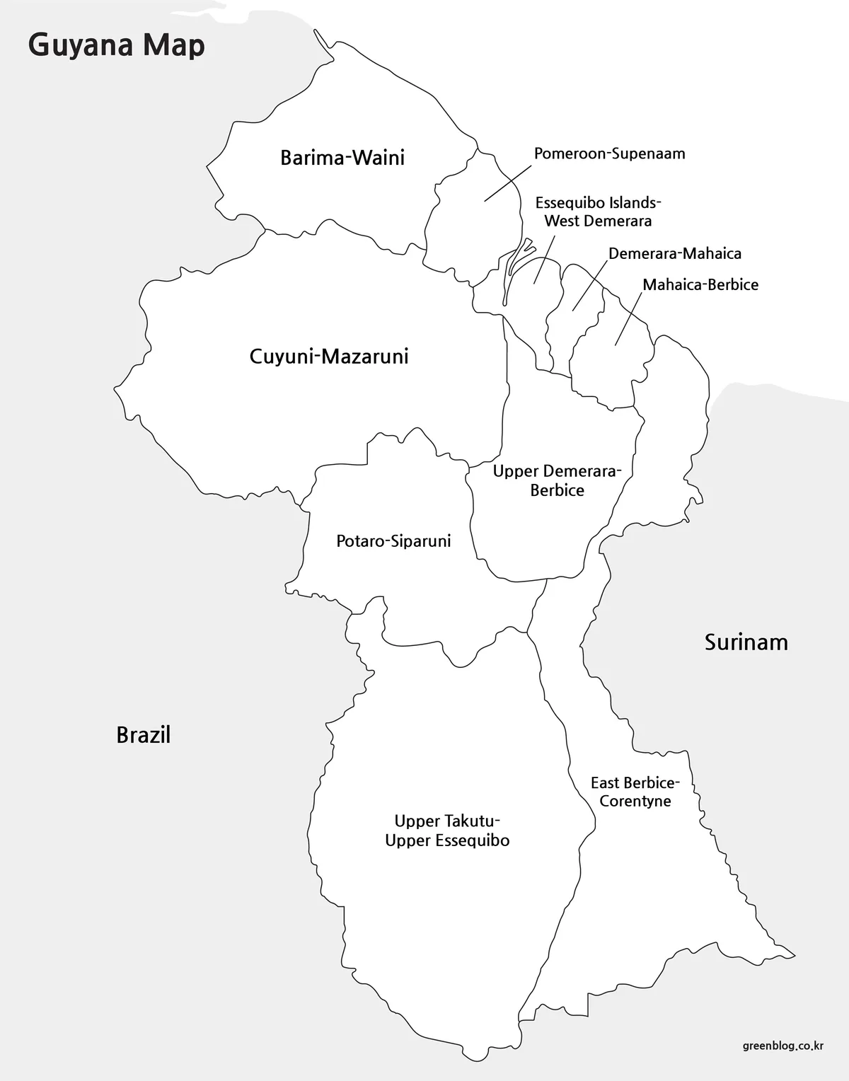 Printable black and white Guyana administrative map with clear regional boundaries and labels.
