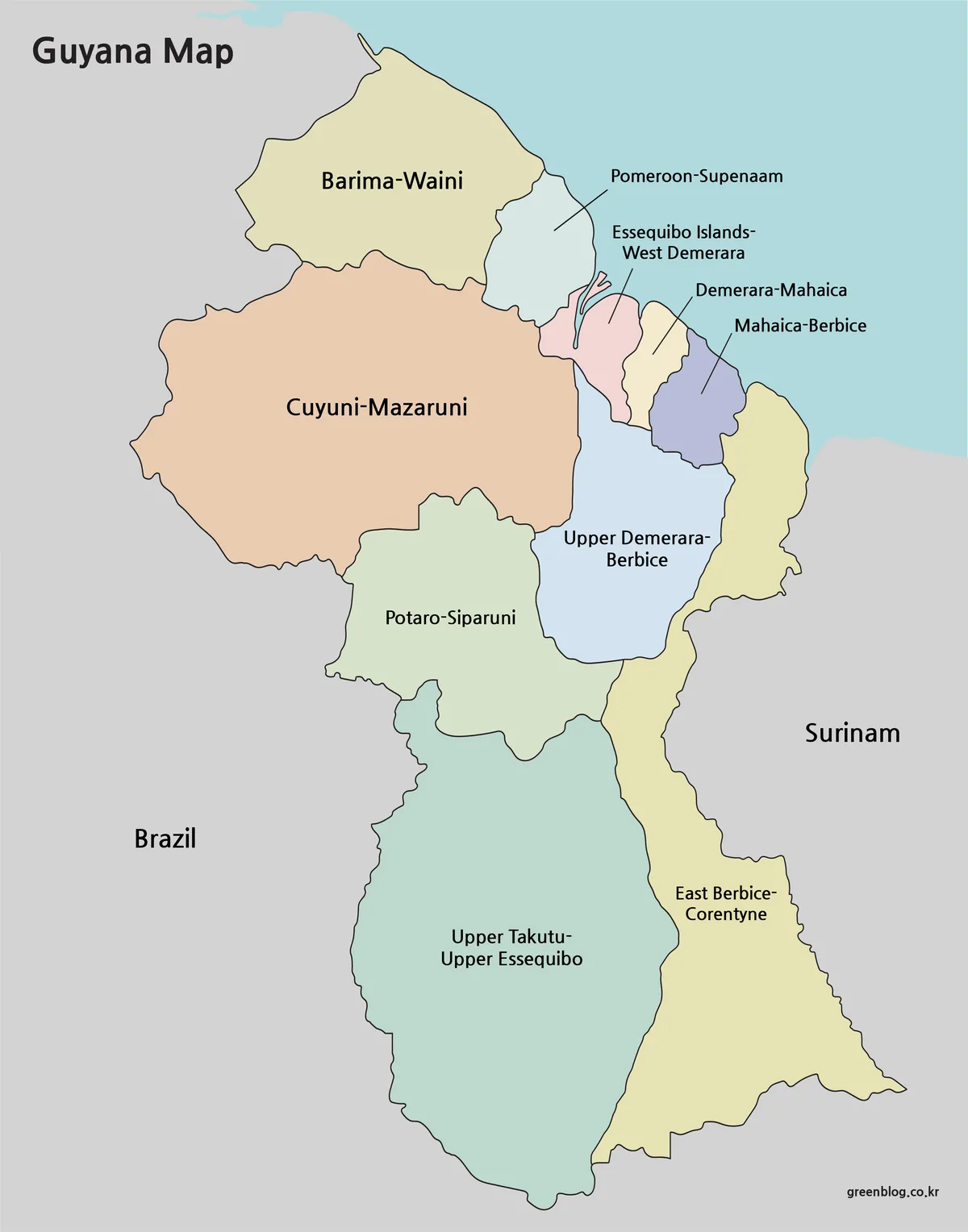 High-resolution Guyana map with color-coded administrative regions for printing and regional comparison.