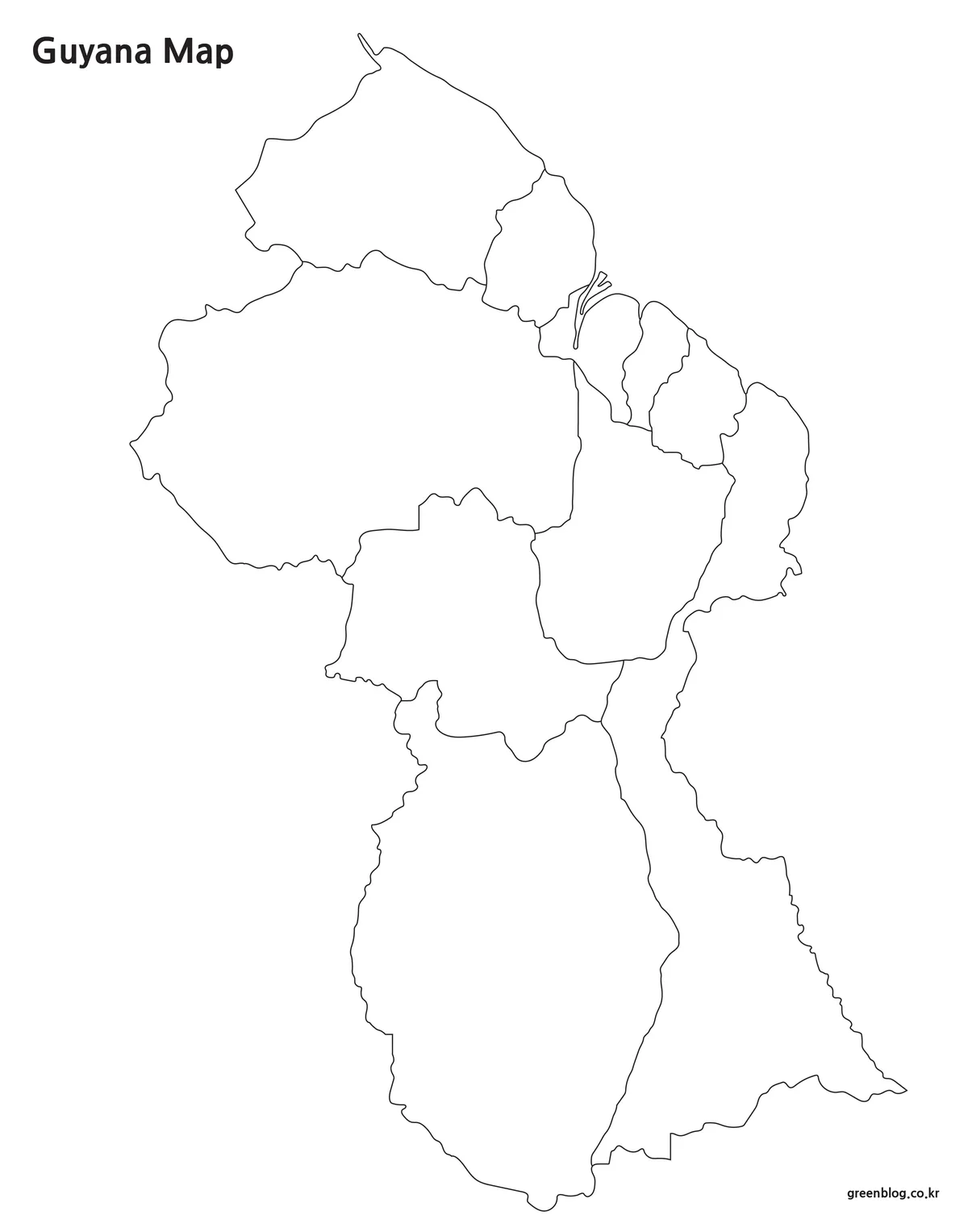 Editable Guyana outline map with internal administrative boundaries for classroom and infographic use.