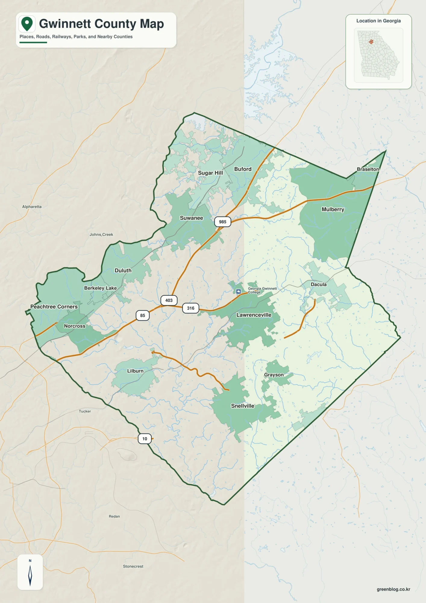 귀넷 카운티 Gwinnett County 조지아 지도에 표시된 카운티 경계와 주요 지명