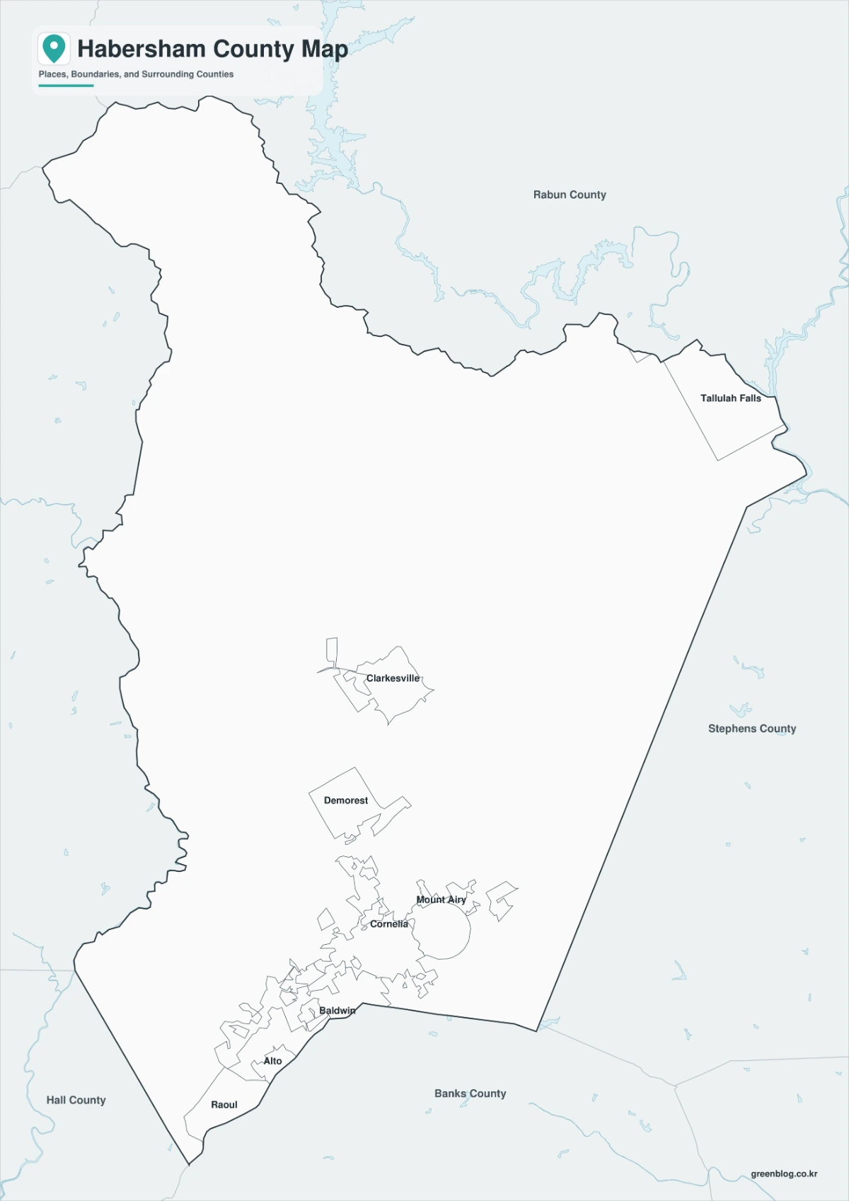 Black and white Habersham County map with selected labels and boundaries