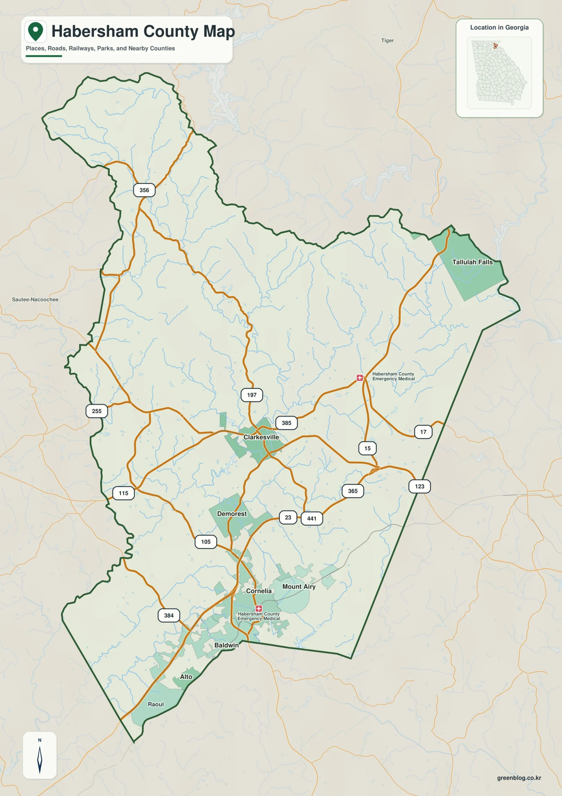 Habersham County Georgia map showing the county boundary and selected places