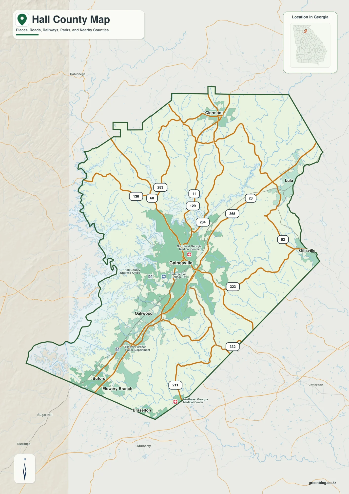 Hall County Georgia map showing the county boundary and selected places
