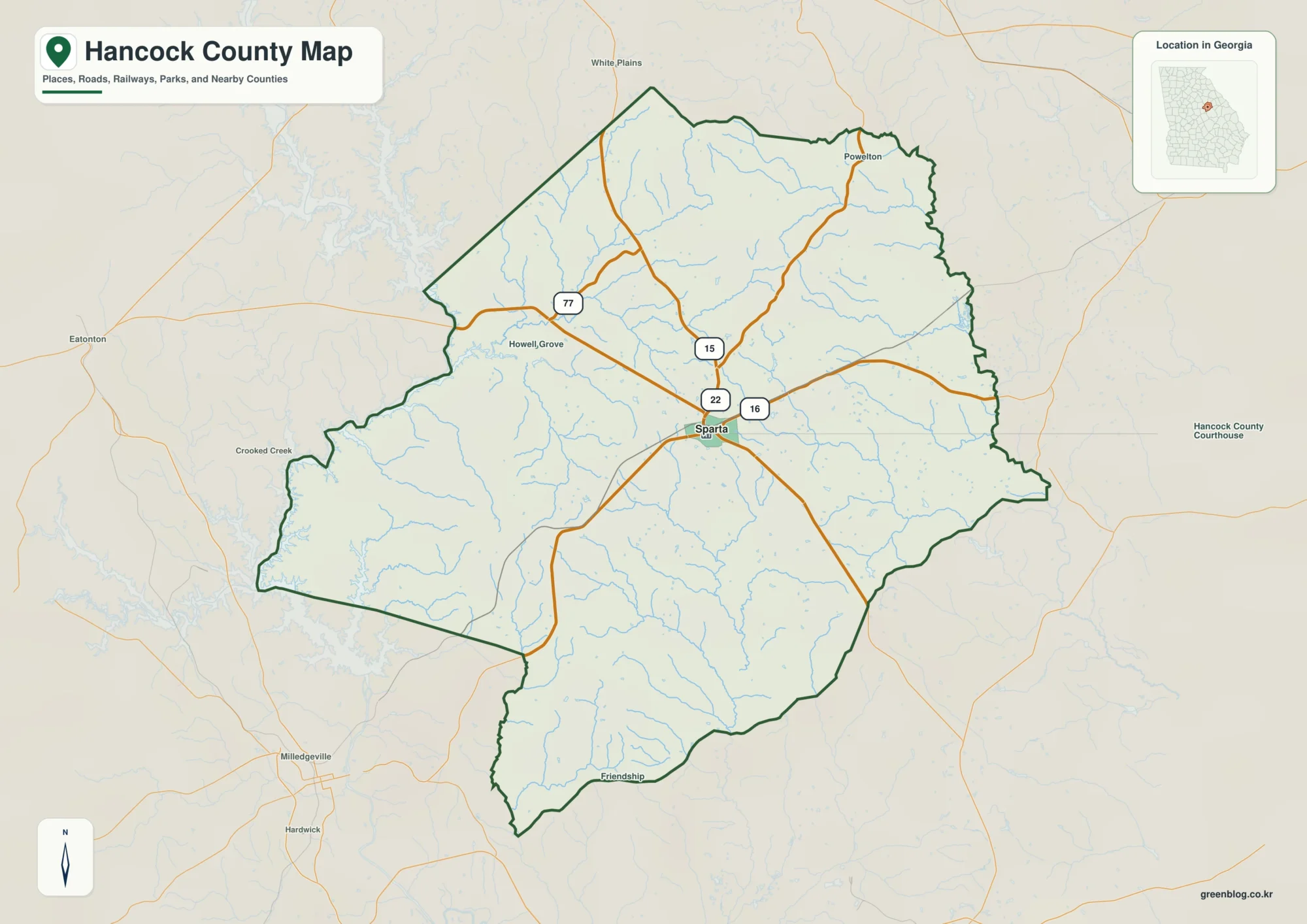 핸콕 카운티 Hancock County 조지아 지도에 표시된 카운티 경계와 주요 지명