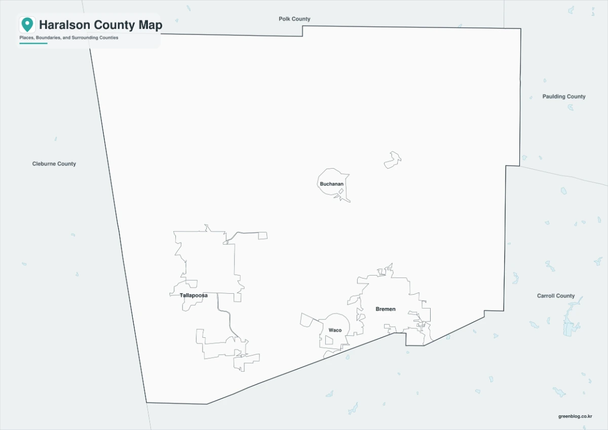 Black and white Haralson County map with selected labels and boundaries