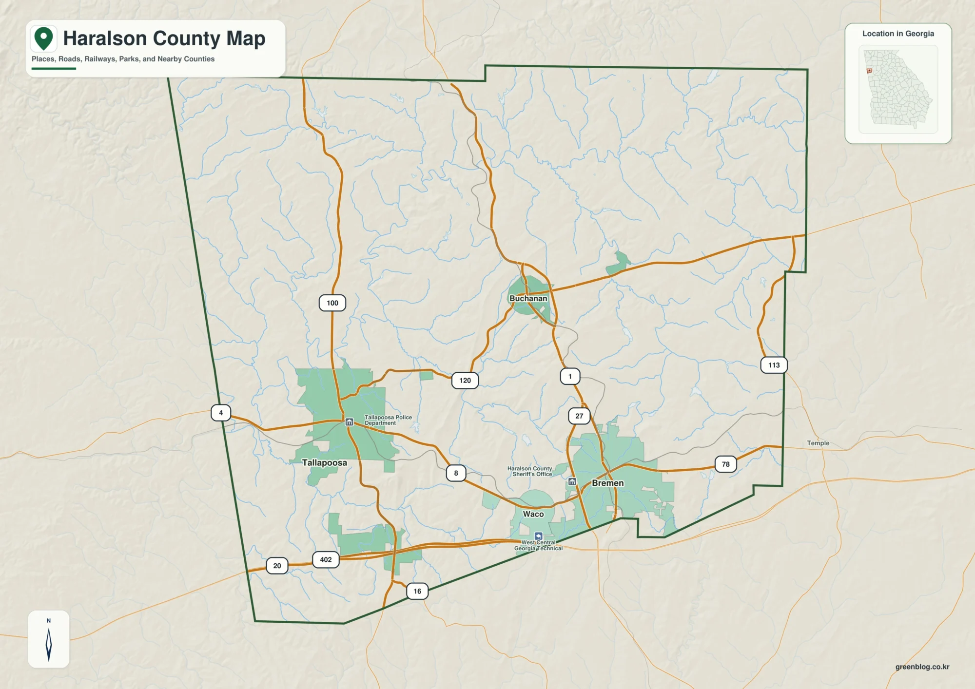 Haralson County Georgia map showing the county boundary and selected places