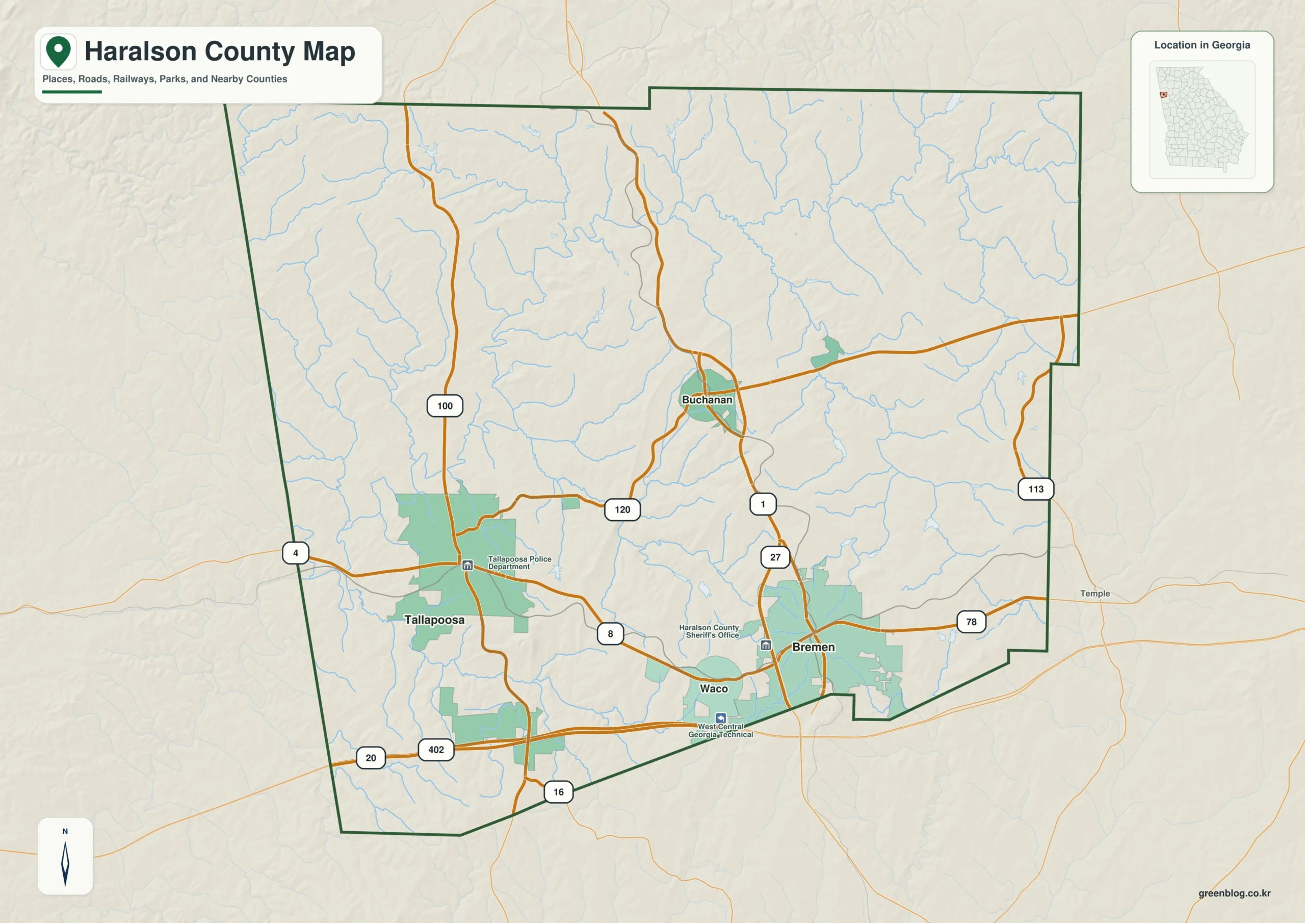 Haralson County Georgia map showing the county boundary and selected places