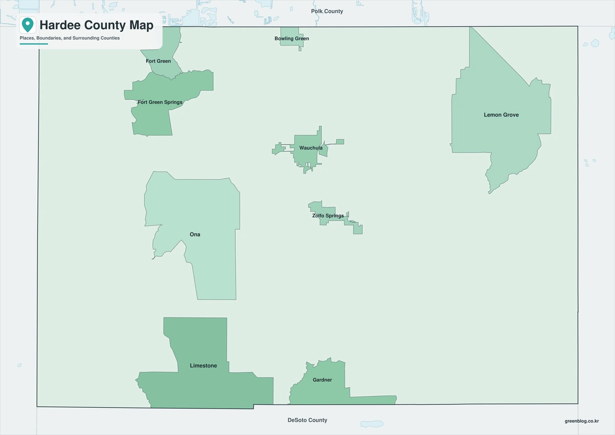 플로리다주 하디 카운티 지도(Hardee County) 색상 흑백 윤곽선 3종