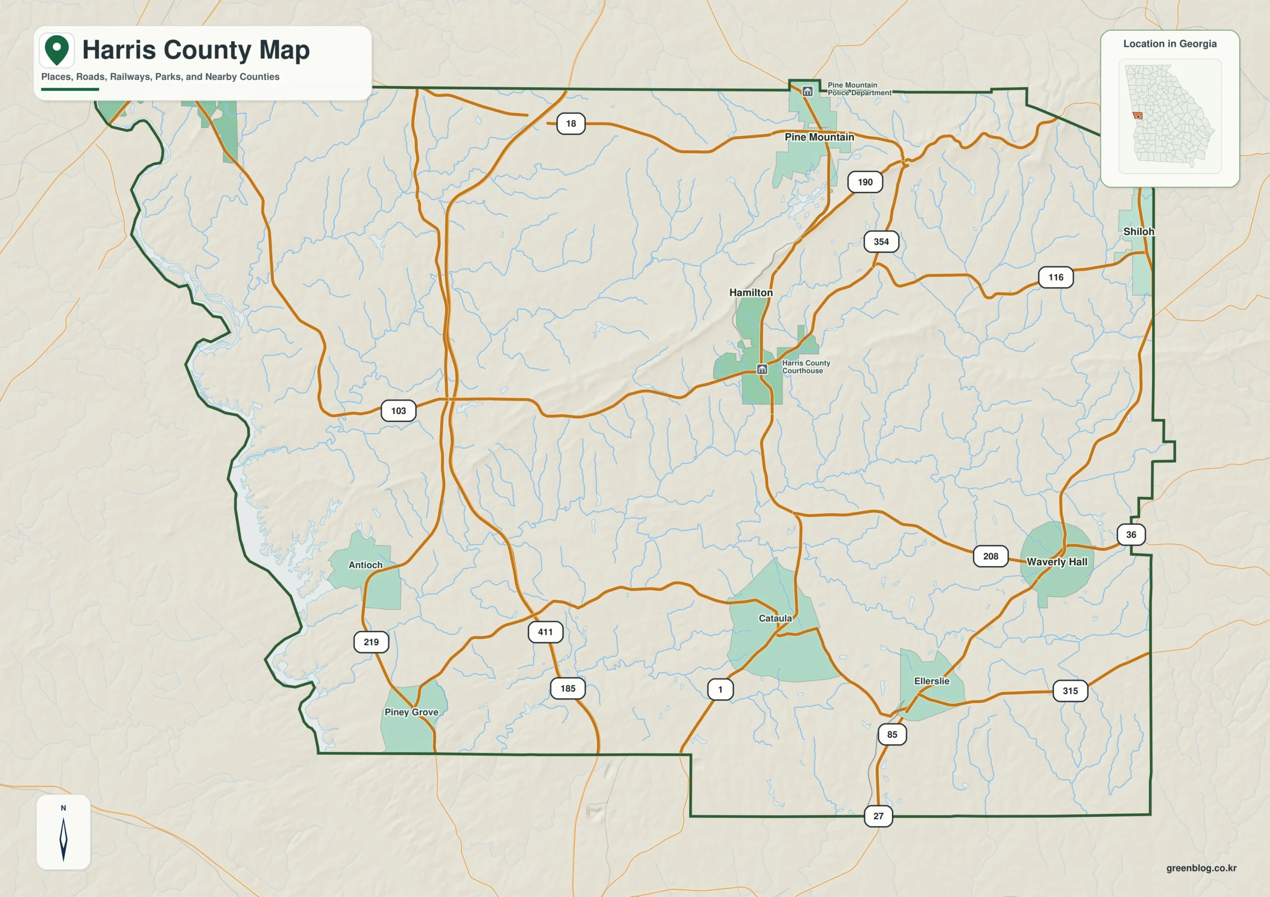 Harris County Georgia map showing the county boundary and selected places