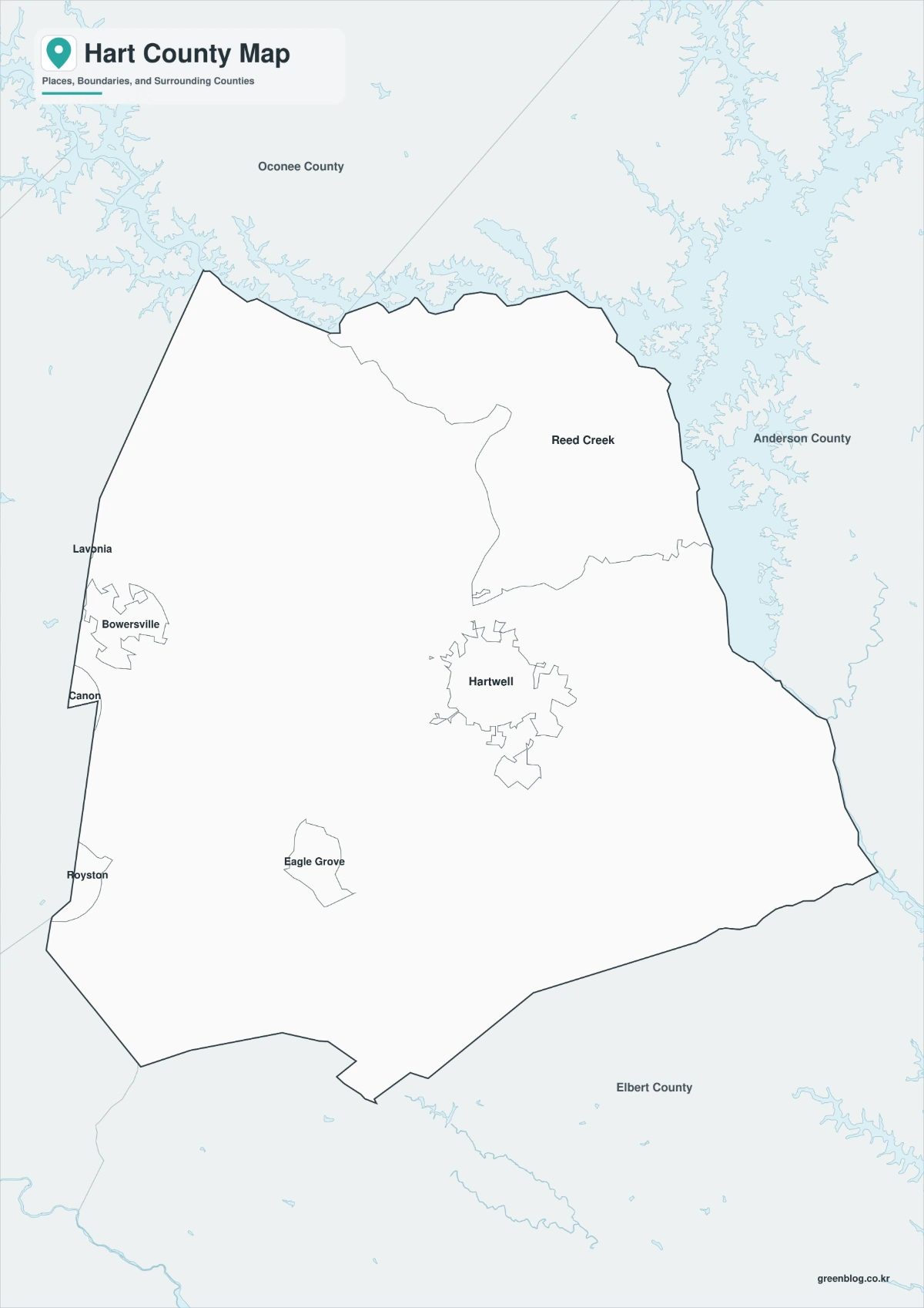 Black and white Hart County map with selected labels and boundaries
