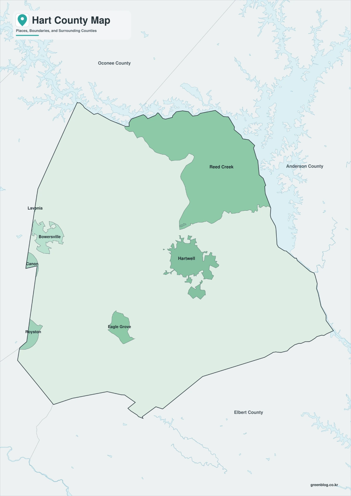 Color Hart County Georgia map with surrounding counties separated