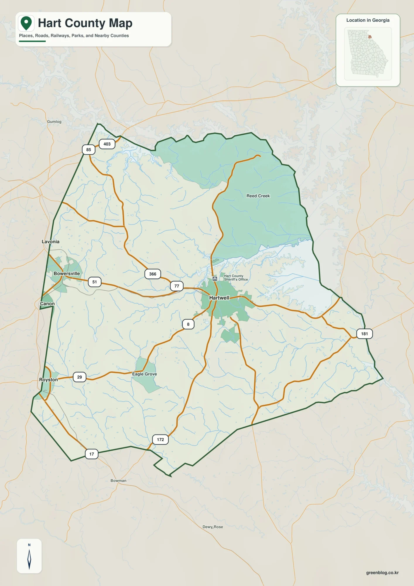 하트 카운티 Hart County 조지아 지도에 표시된 카운티 경계와 주요 지명