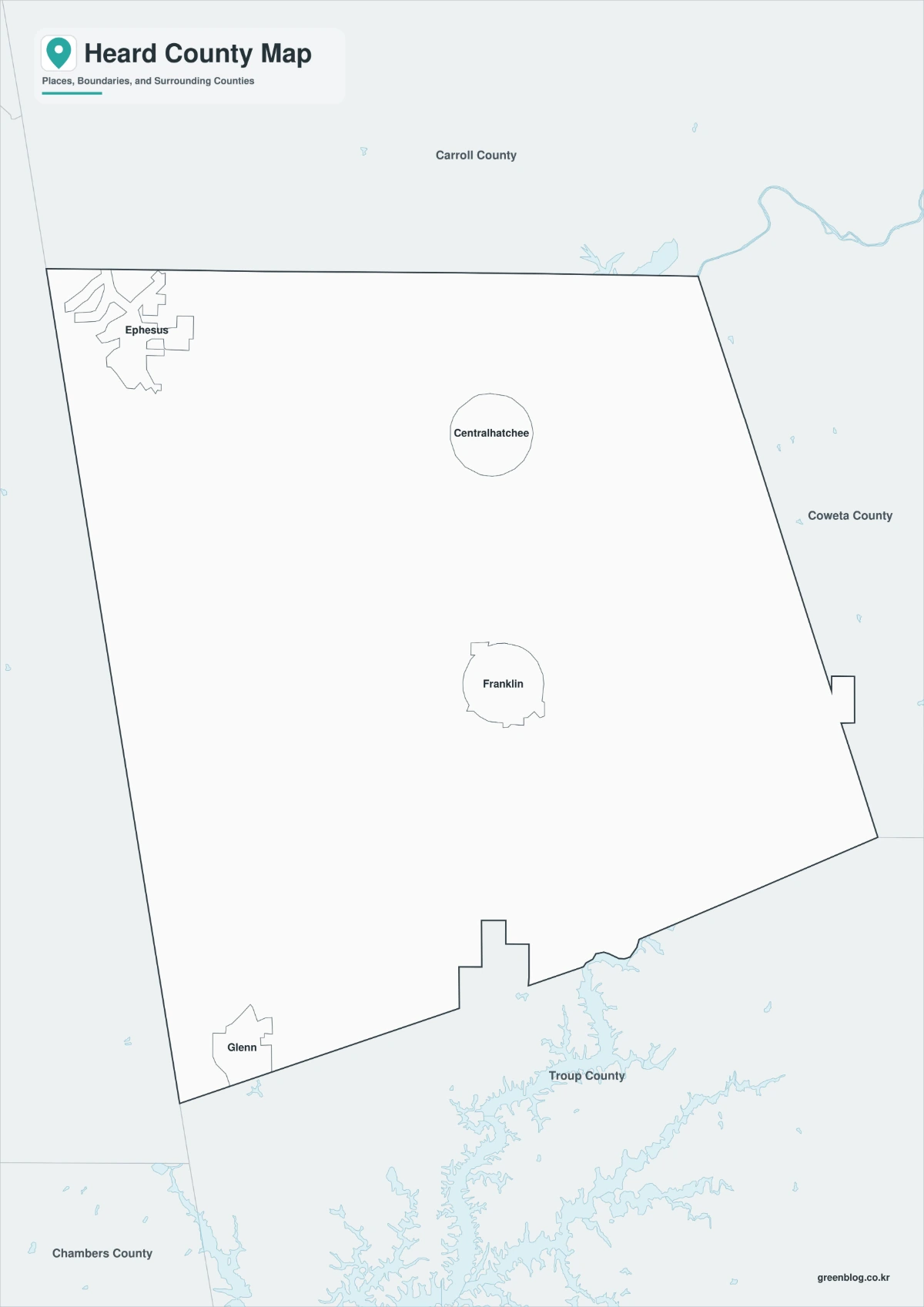 Black and white Heard County map with selected labels and boundaries