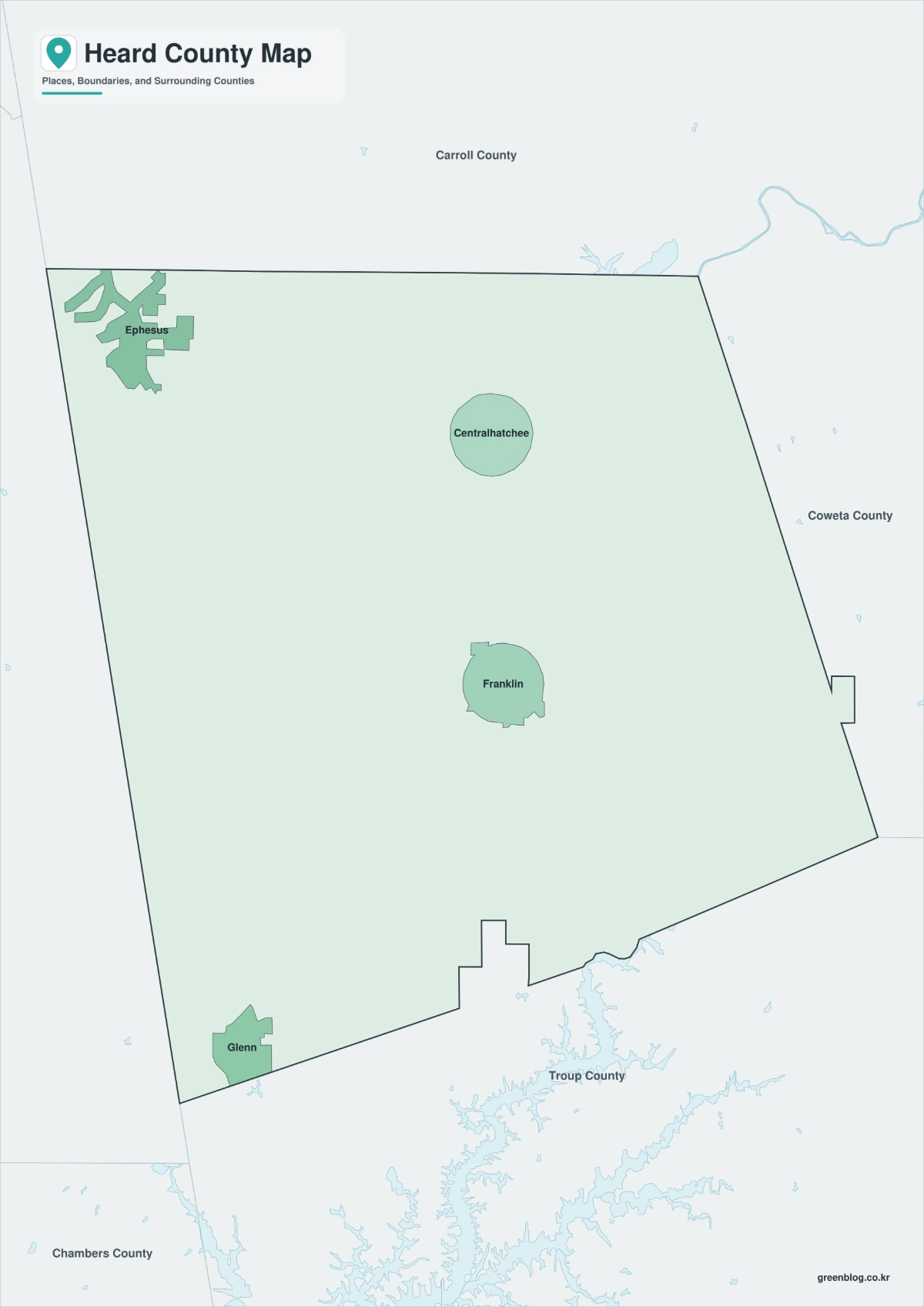 Color Heard County Georgia map with surrounding counties separated