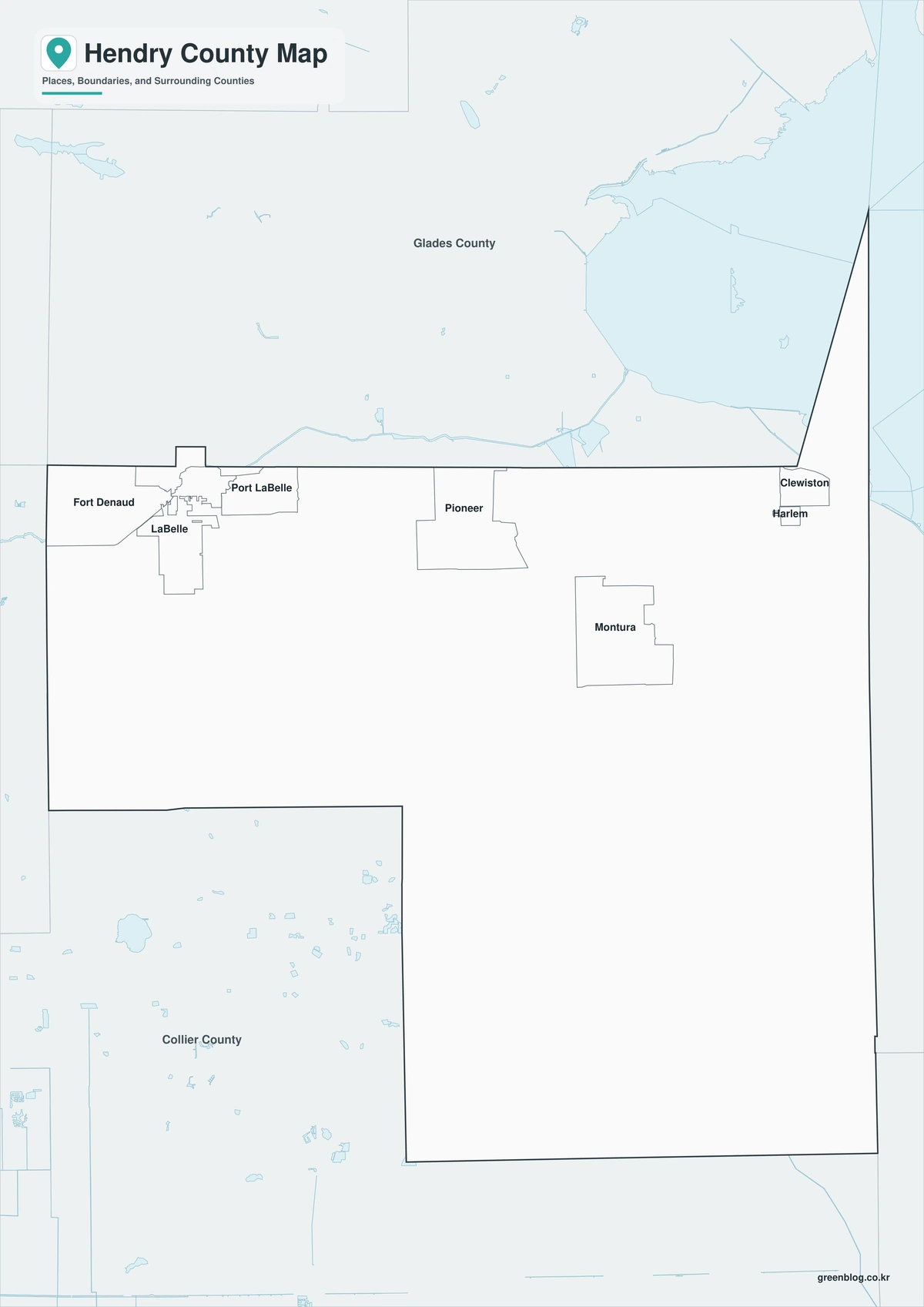 Black-and-white Hendry County map with selected place labels