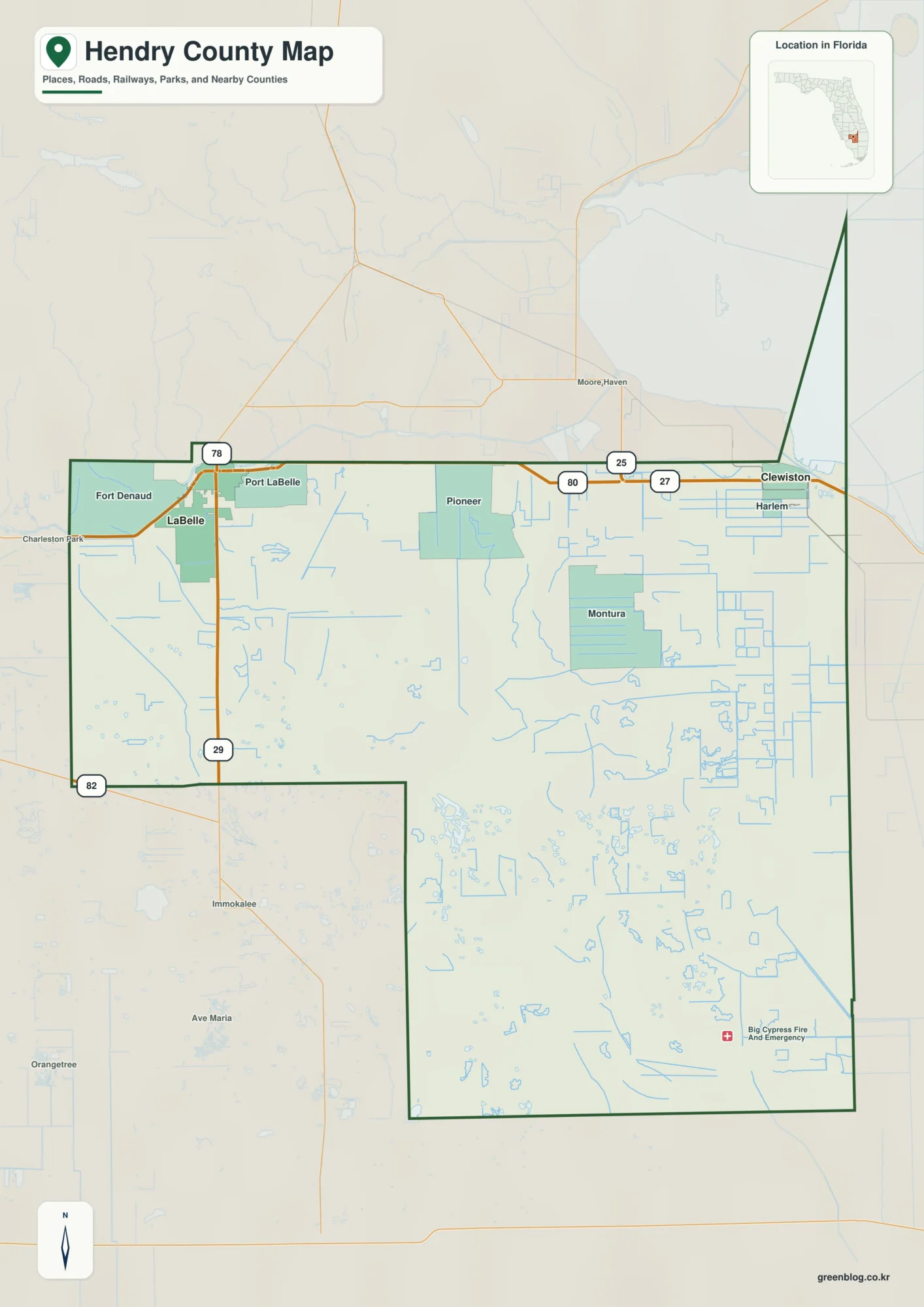 Hendry County Florida map showing LaBelle, Clewiston, Harlem