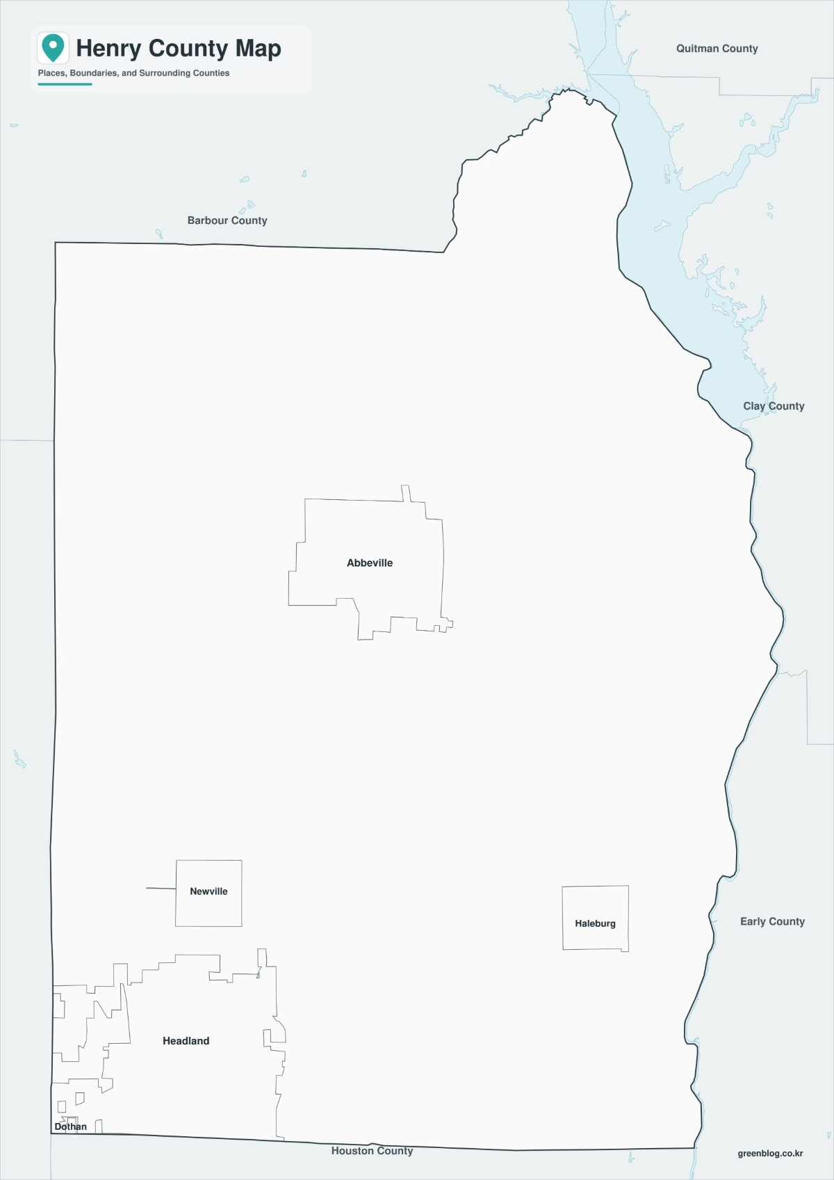 Henry County black and white map with selected places and neighboring counties