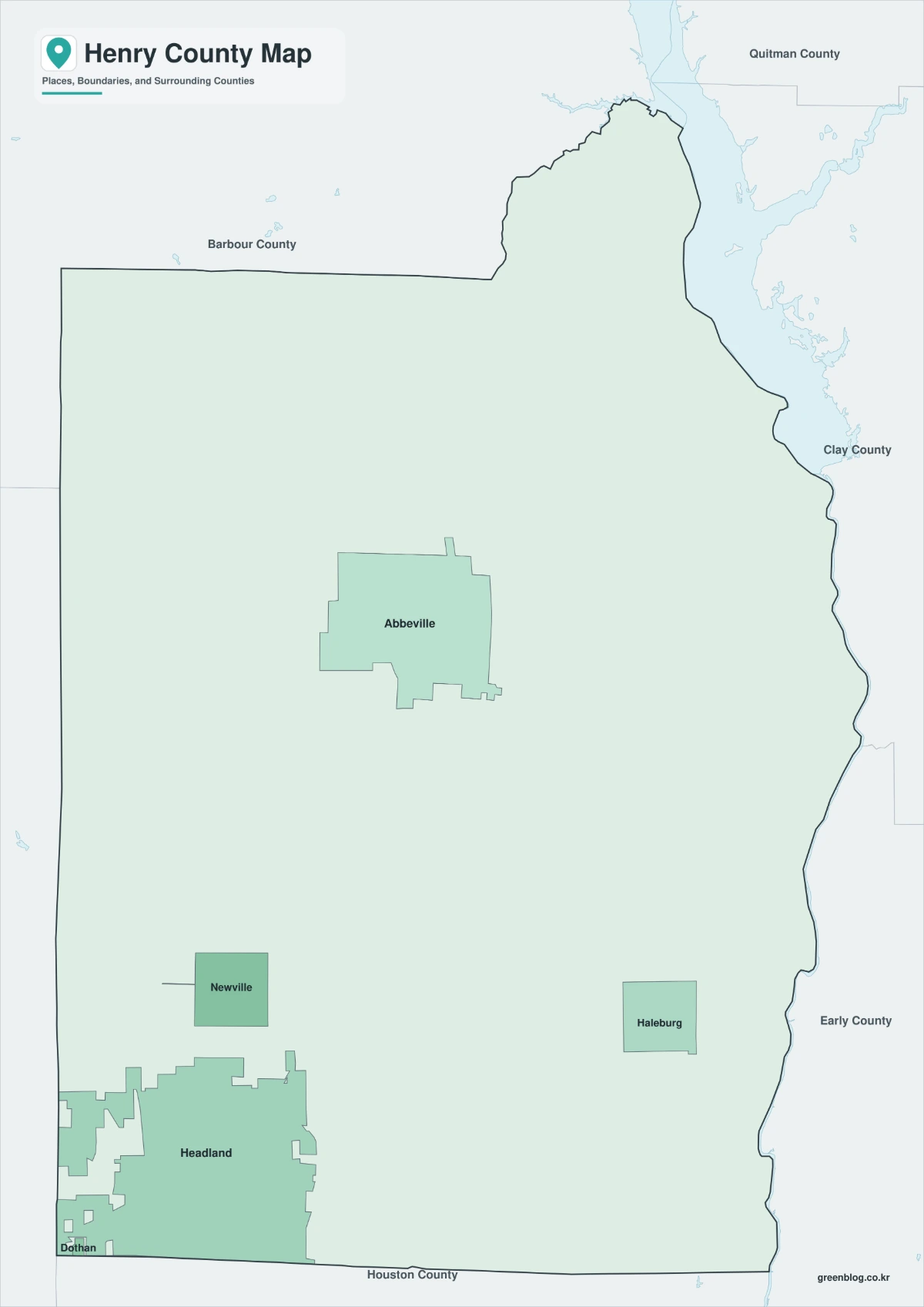 Henry County map color version with Abbeville, Headland, and the Georgia border