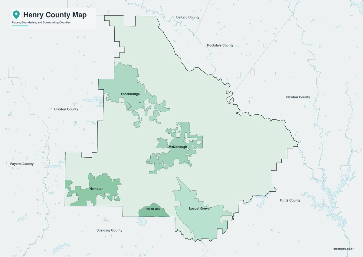 Color Henry County Georgia map with surrounding counties separated