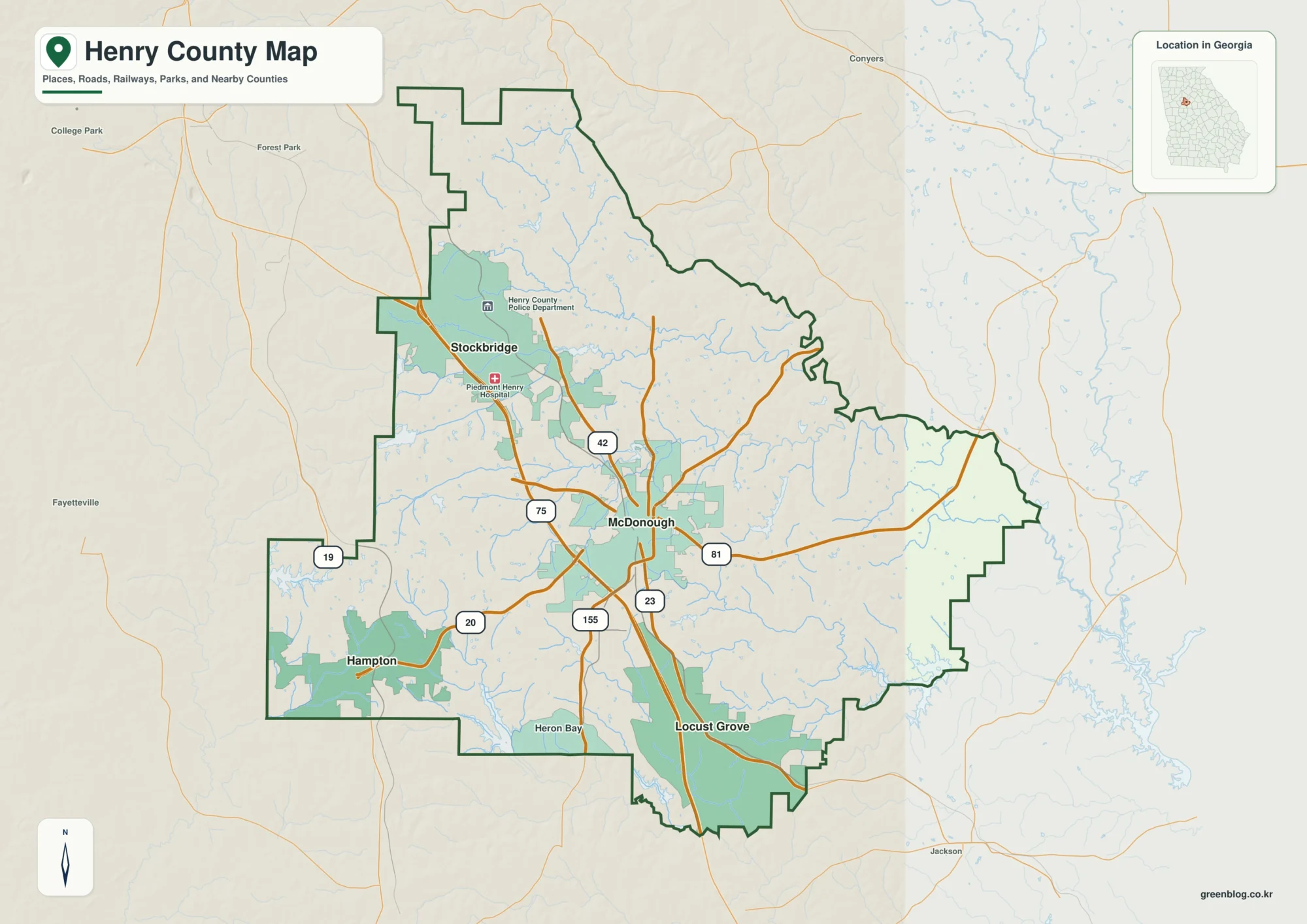 Henry County Georgia map showing the county boundary and selected places