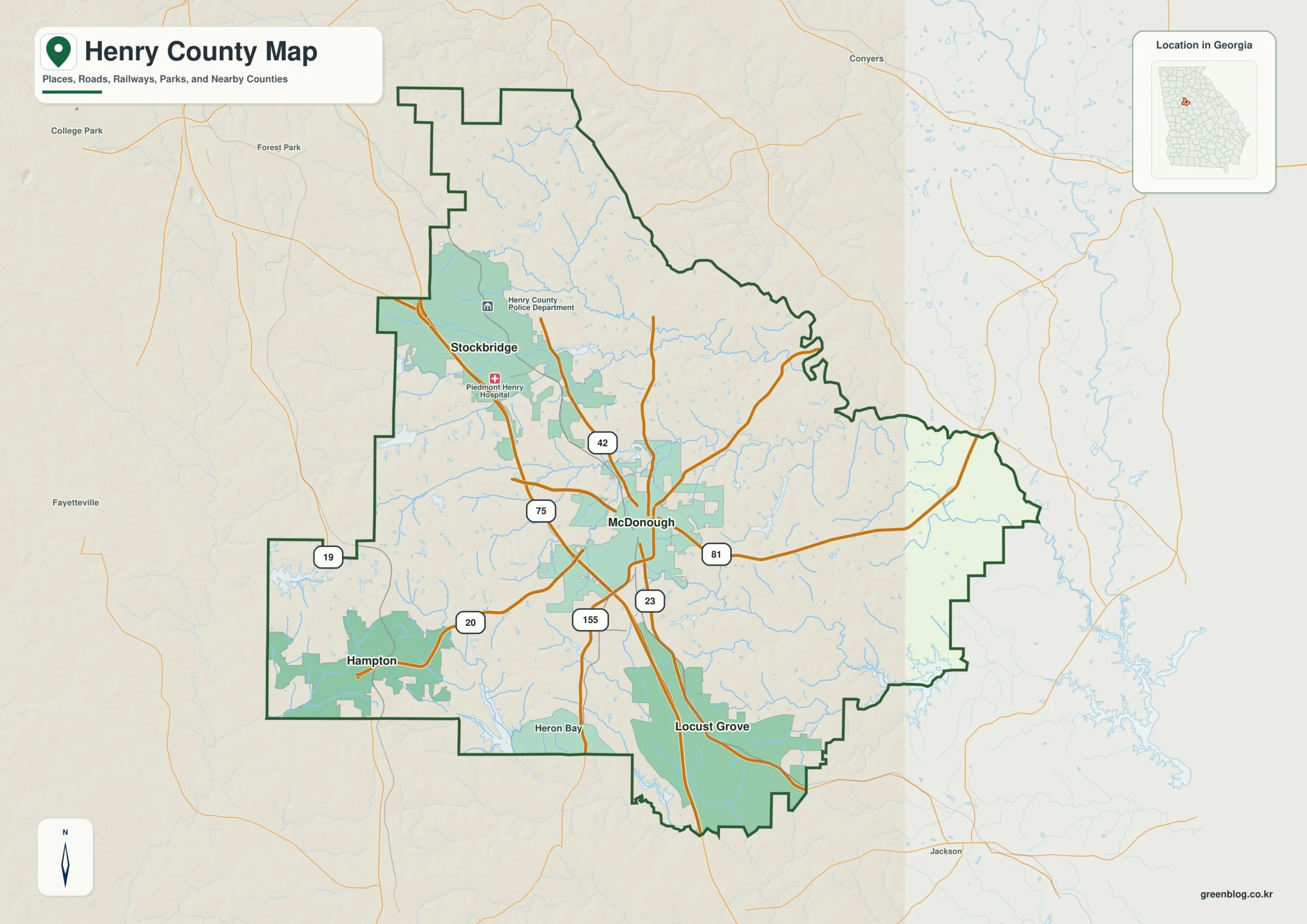 Henry County Georgia map showing the county boundary and selected places