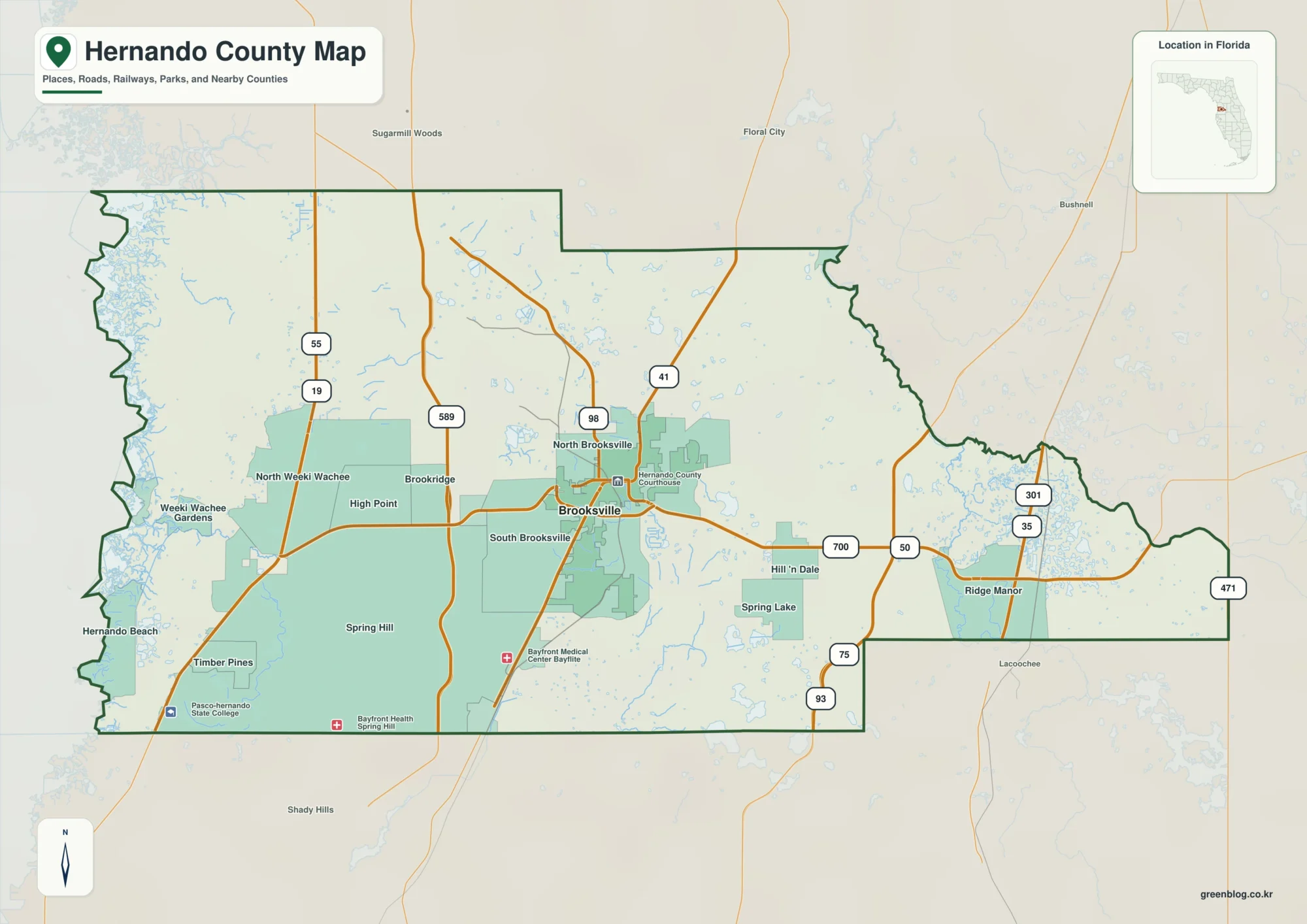 Hernando County Florida map showing Brooksville, Spring Hill, Weeki Wachee