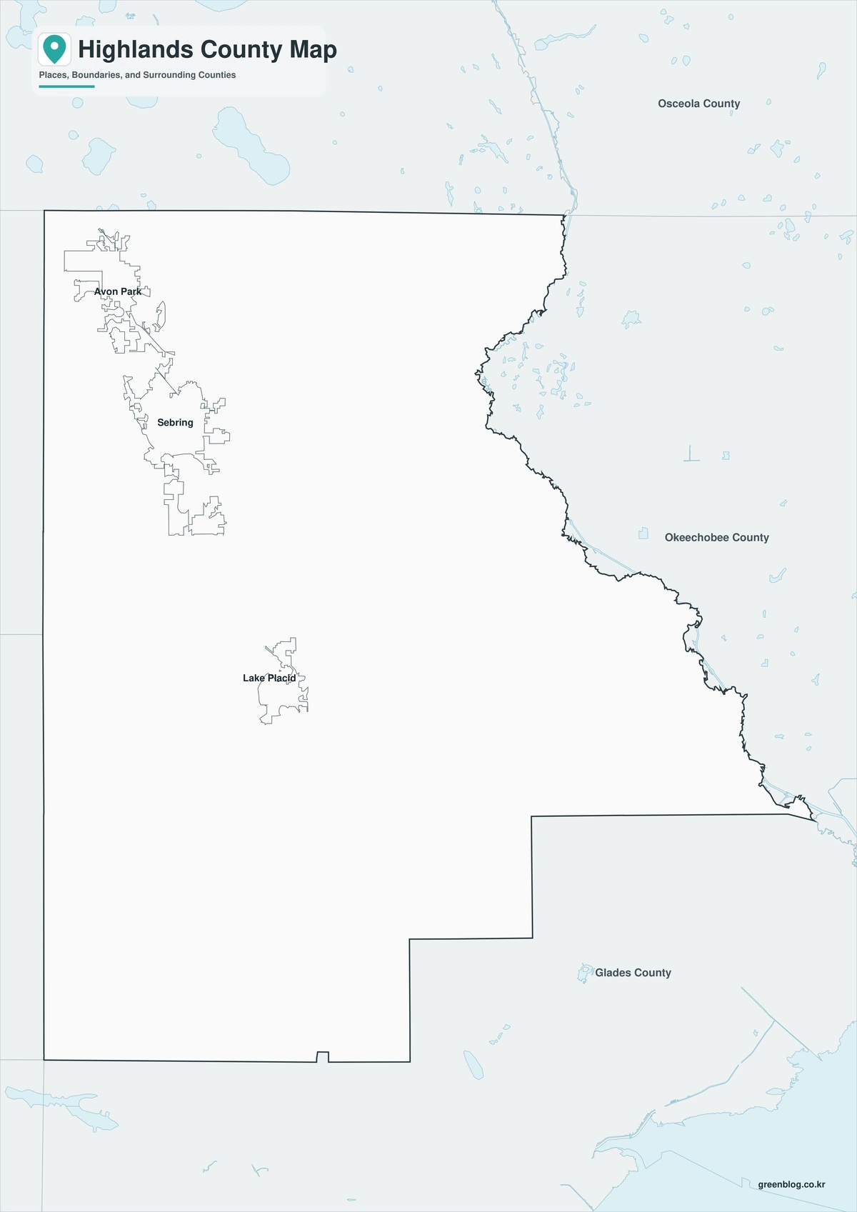Black-and-white Highlands County map with selected place labels