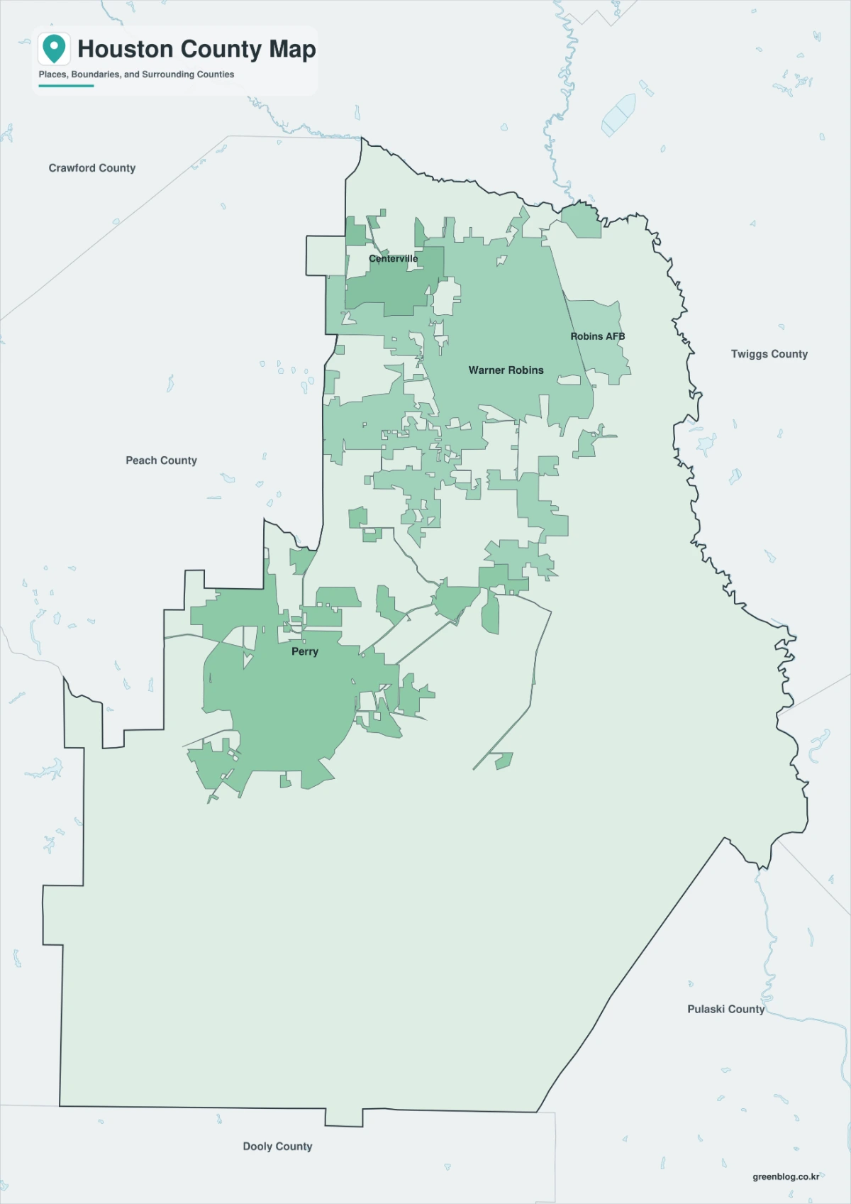 Color Houston County Georgia map with surrounding counties separated
