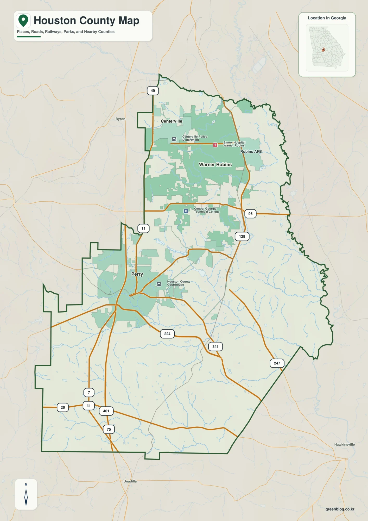 Houston County Georgia map showing the county boundary and selected places