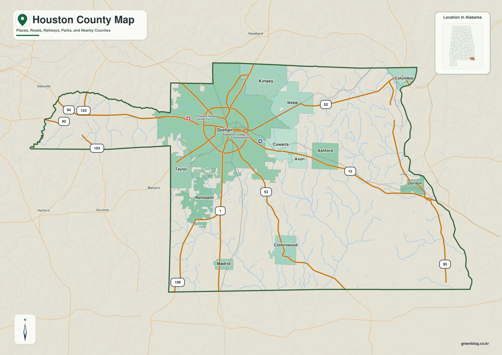 휴스턴 카운티 Houston County 앨라배마 지도에서 카운티 경계와 주요 지명을 확인하는 지도